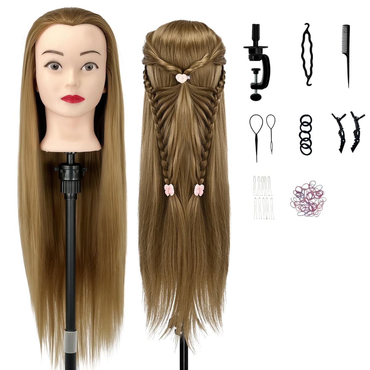 Juego de peluquería profesional para niños, cabeza de maniquí con soporte para pelucas y forma de cabeza de peluquero, para peluqueros, colegialas y escuelas de peluquería (oro (color))