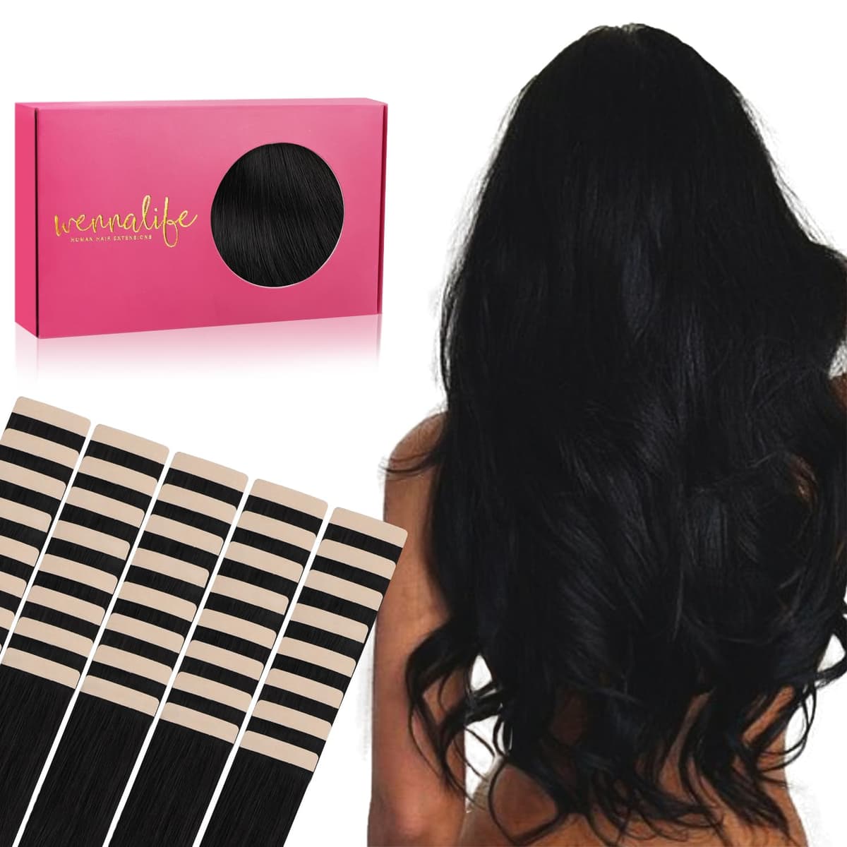 WENNALIFE Tape in Hair Extensions Human Hair, 22inch 40pcs 98 Jet Black Real Human Hair Tape Extensions