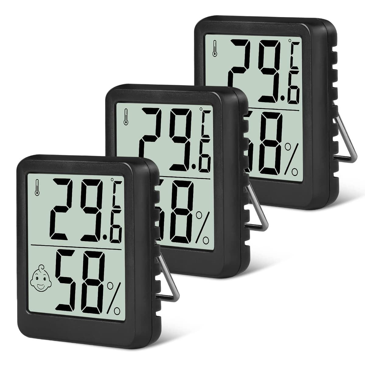 Flintronic Thermometer Hygrometer, 3PCS Digital Mini Thermometer and Hygrometer with Metal Stand, Thermohygrometer with Smile Face Indicating Data for Indoor, Living Room, Baby Room, Office (Black)