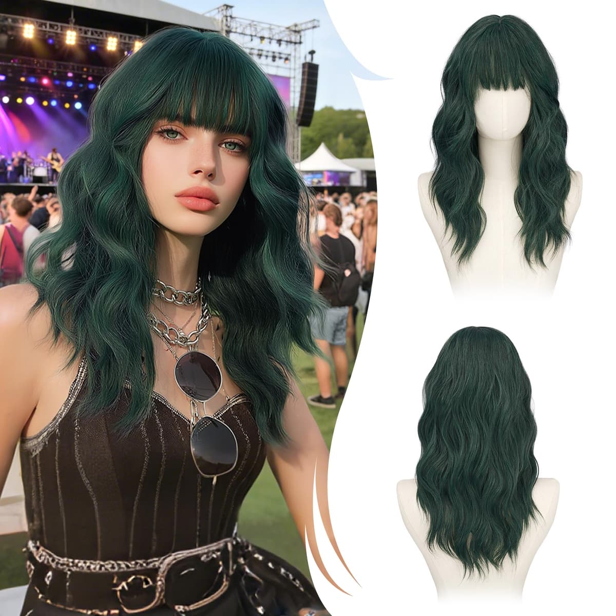 RUWISS Peluca Verde Apagado Ondulada con Flequillo para Mujer, 50 cm Shoulderlongitud Peluca de pelo Sintético en Capas Pelucas con Volumen Natural para Diario y Fiesta