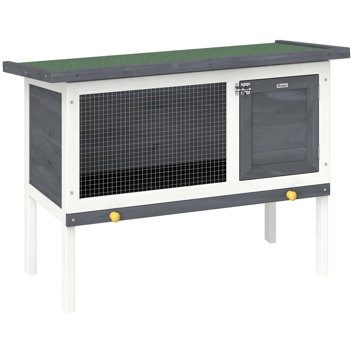 PawHut Conejera de Madera, Jaula para Conejos Medianos con Techo Asfáltico Abatible, Bandeja Extraíble, Puerta con Pestillo, Conejera Elevada Exterior, para Cobayas y Chinchillas, 90x45x65 cm, Gris