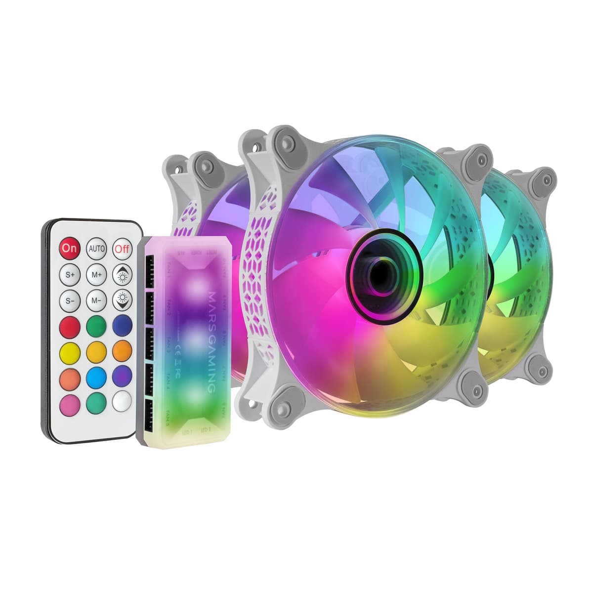 Mars Gaming MF-3DKIT, Kit 3 Ventiladores ARGB 360° 12cm, Espejo Infinito 3D, Sistema Anti-vibraciones, Controlador ARGB, Mando a Distancia RF, Compatibilidad Total, Blanco