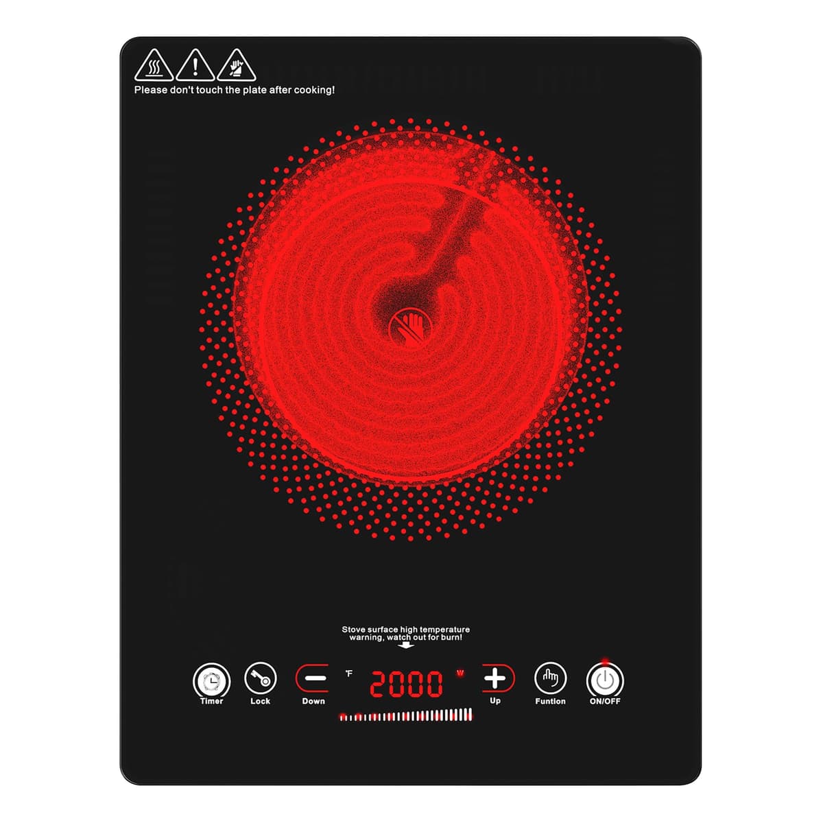 VBGK Electric Ceramic Hob with Plug-in, Single Electric Hob, Single Cooking Zone with LCD Touch Screen, 4-Hour Timer, 9 Power Levels Up to 2000W, Safety Lock, 220-240V