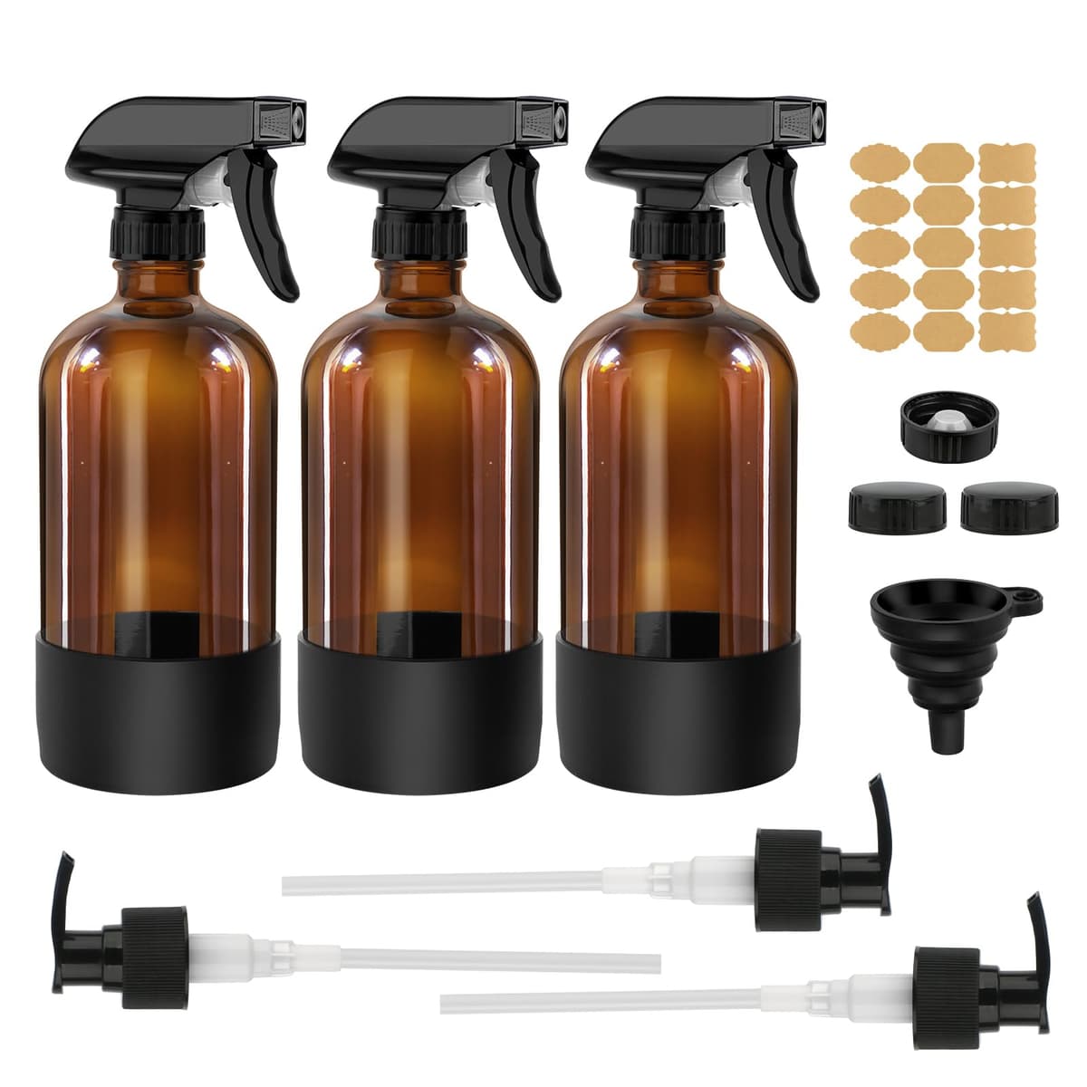 Juego de 3 botellas de spray de vidrio de 500 ml, rellenables, con pulverizador de gatillo ajustable para pulverizar y nebulizar - Botellas de spray de agua vacías color ámbar para cabello, jardinería