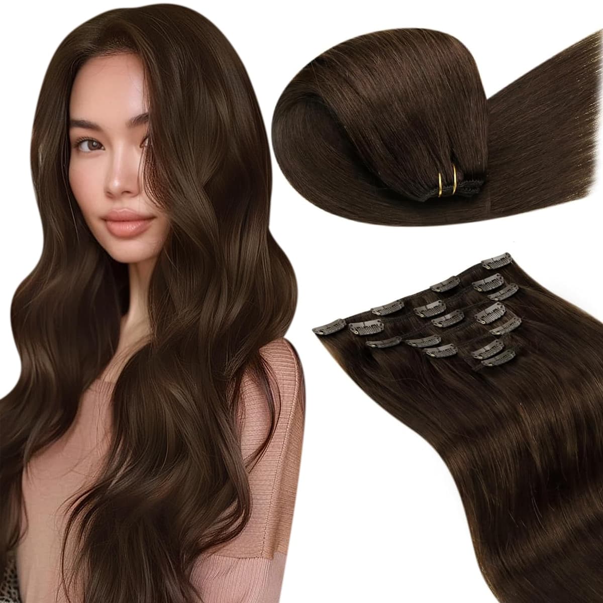 LaaVoo Hair Extensions Clip in Real Human Hair Brown Clip in Hair Extensions Dark Brown Full Head 16 Inch 120g 7pcs Remy Straight Hair Double Weft #4