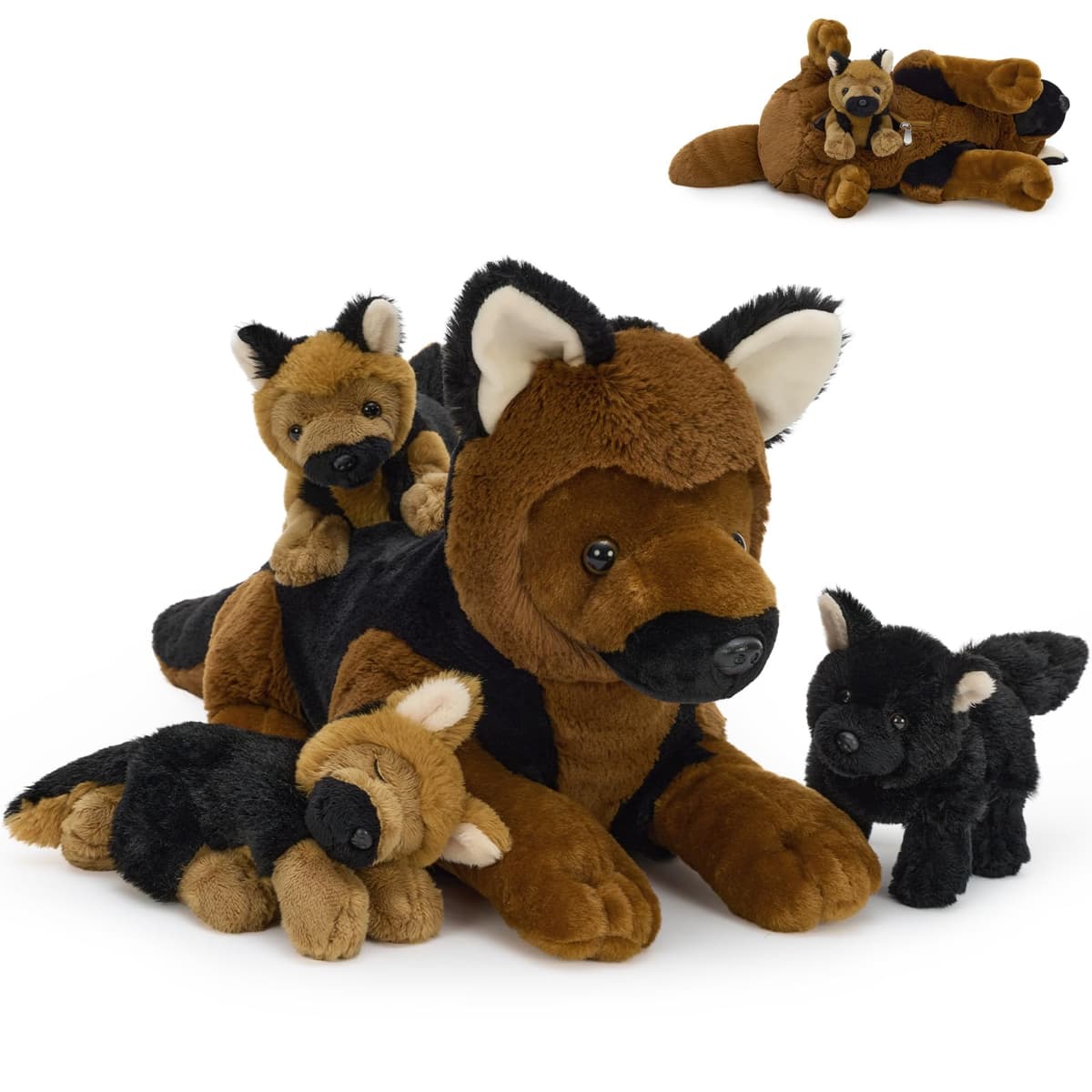 MorisMos Big German Shepherd Dog Teddy Soft Toy, 45cm Mom Dog with 3 Cuddly Baby Inside, Lifelike Brown Dog Stuffed Animal Plush Cuddly, Kawaii Presents for Kids Birthday Party Decorations