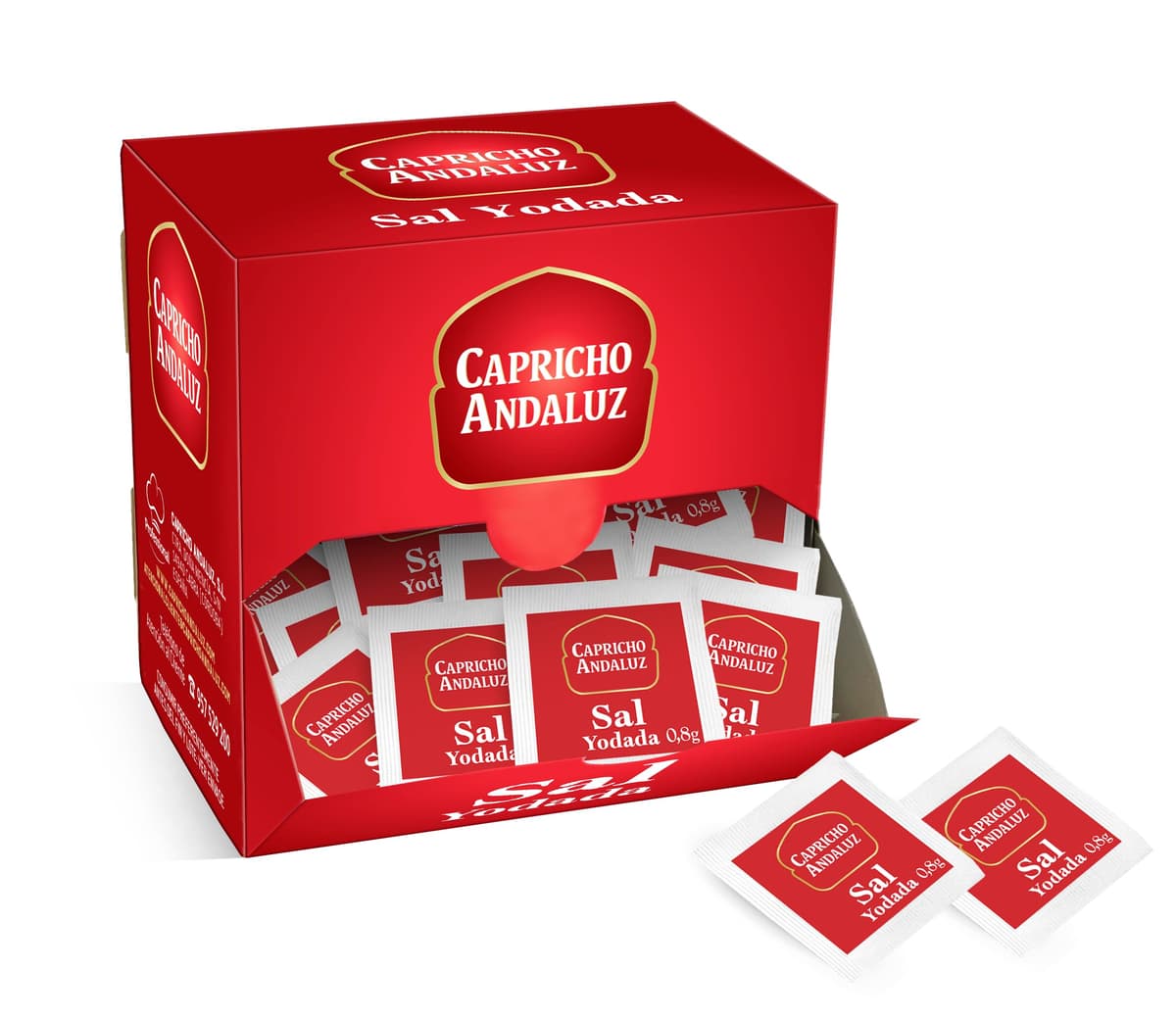 Capricho Andaluz - Sal en Sobres Monodosis Expositor 300 Unidades 0.8g - Porciones Individuales para Hostelería, Catering, Buffets y Uso Diario