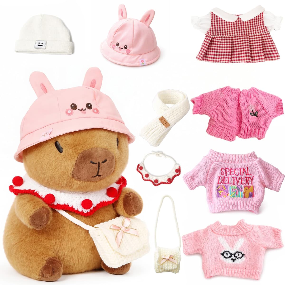 10.2" Brown Capybara Plush Toy with 9 Clothes and Accessories Super Soft Capybara Stuffed Animal for Kids Girls Boys (Pink Capybara)