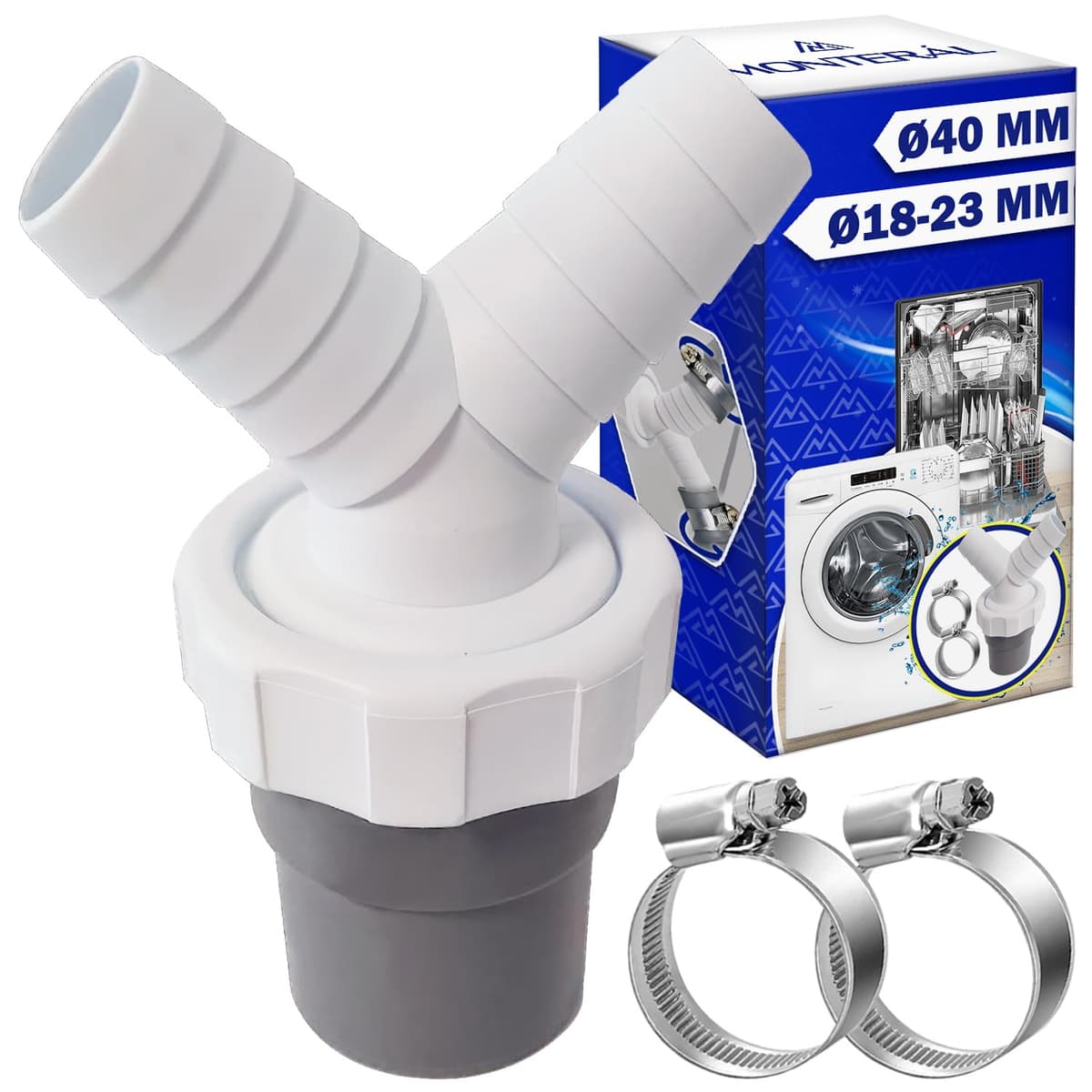 Adaptador Empalme Desague Lavadora con Salida para Tubo Ø40 mm y Entrada Ø18-23 mm - Doble Pipeta Desague en Y para Lavavajillas - Kit Incluye 2 Piezas de Abrazaderas Ø20-32 mm - MONTERAL