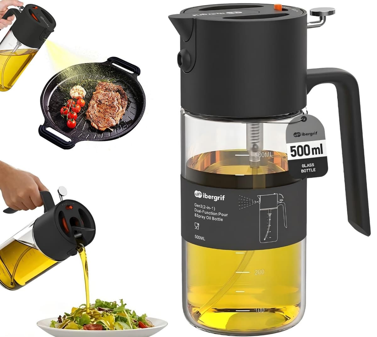 Ibergrif 2 en 1 Pulverizador de aceite 500ml – Rociador de aceite con Escala, Altura 202mm, Aceitera spray de Vidrio de borosilicato, Antigoteo para Freidora de aire, Barbacoa, Ensaladas, Negro, M530B