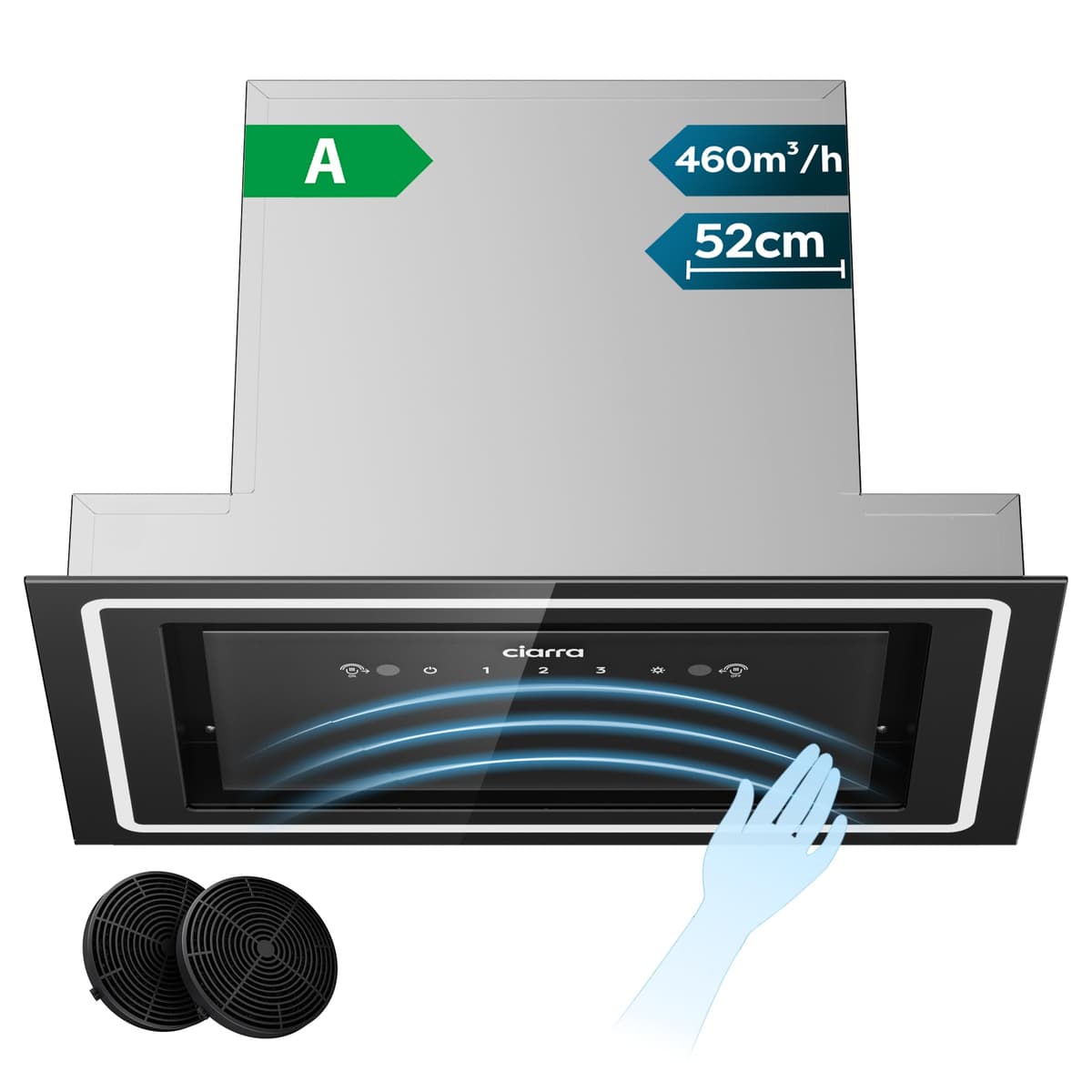 CIARRA 52cm Integrated Cooker Hood, Built-in Kitchen Extractor Fan with Wave Control, LED Light, Carbon Filter, Recirculation & Ducting Options, Slim Undercabinet Kitchen Hood - CBCB5931C