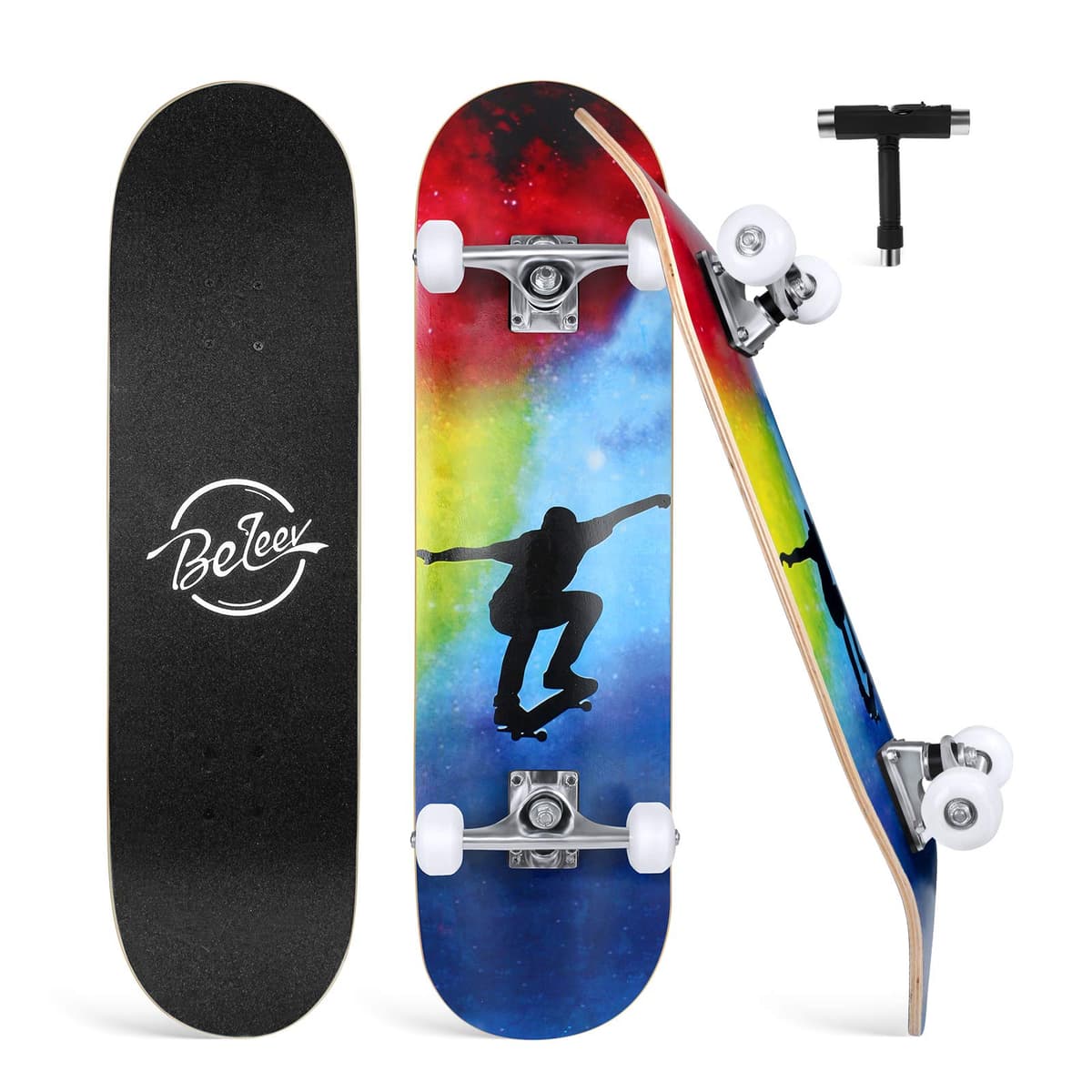BELEEV Skateboards 31x8 para Principiantes, Niños, Adolescentes y Adultos, Completo Pro Cruiser Skateboard para Niña Niño, Arce Canadiense de 7 Capas, Doble Bandeja Cóncava, con Herramienta en T