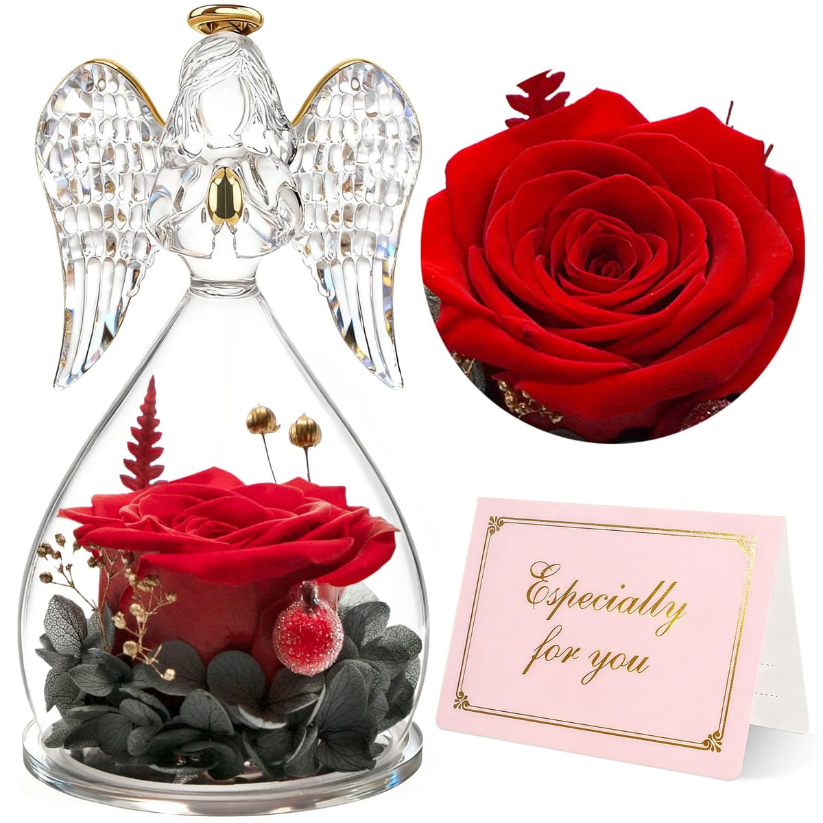 Yamonic Rosa Eterna Regalo Dia de la Madre, Regalo Originale para Mujer,Rosa Preservada con Figura Ángel Regalos para Mamá,Regalos Cumpleaños Mujer Abuela, Flore Eterna Dia de la Madre
