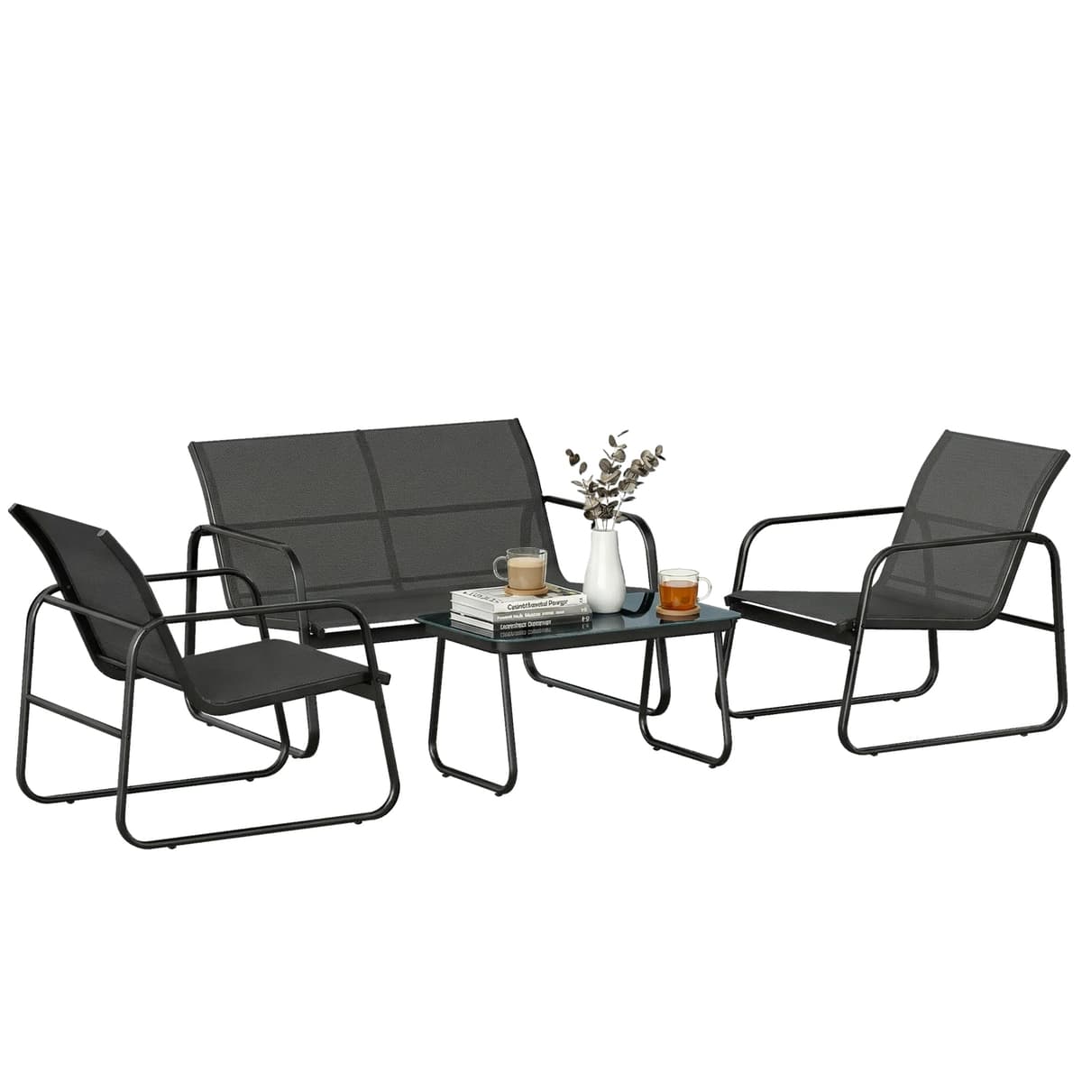 Outsunny Conjunto Jardín Exterior de 4 Piezas, Muebles Jardín Exterior con Sofá de 2 Plazas, 2 Sillones, Mesa de Vidrio Templado, Tela de Textilene Transpirable, Estructura de Acero, Gris Oscuro