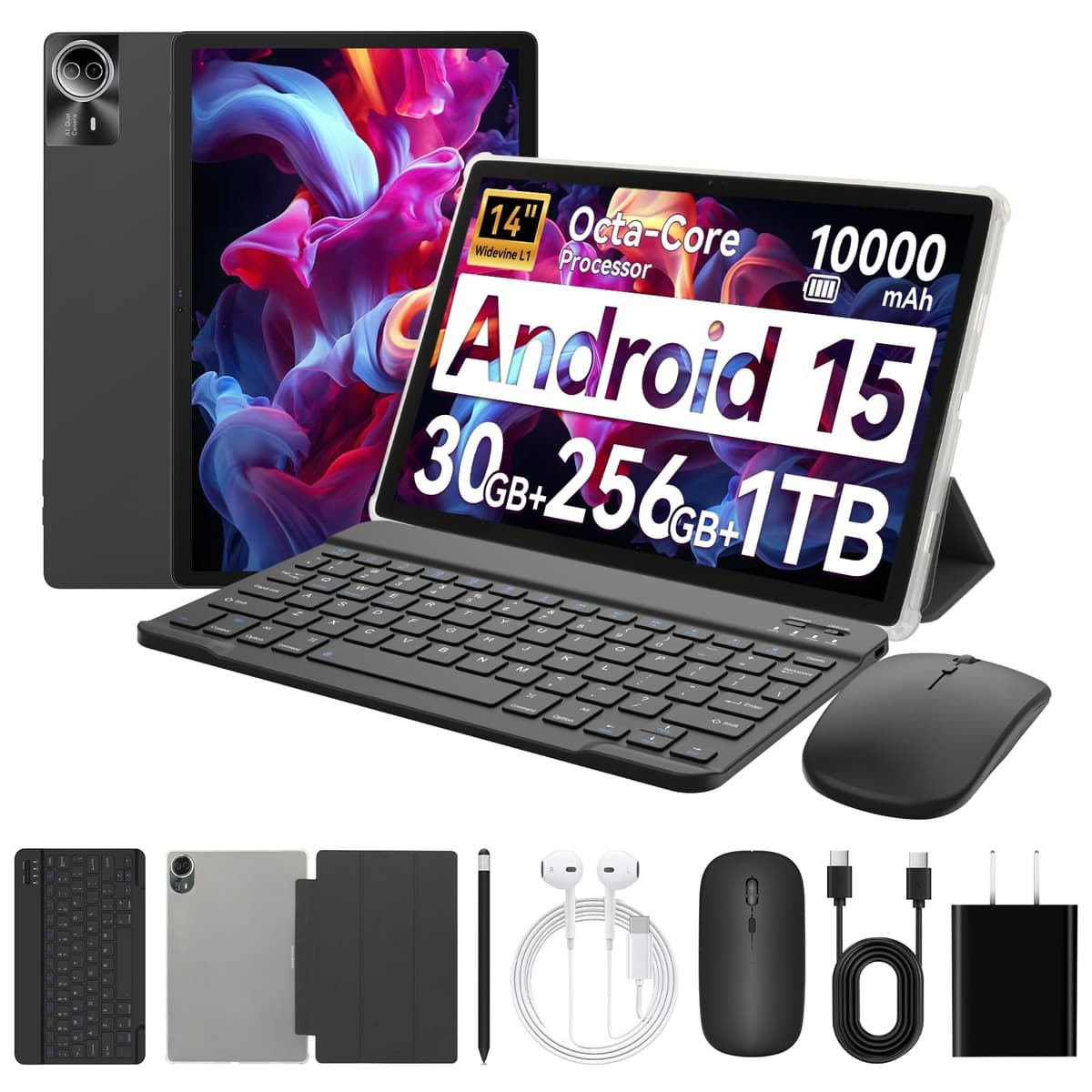 Ainmel 14 inch Tablet Android 15, 30GB+256GB(TF 1TB) Tablet with Pen and Keyboard, Octa-Core,10000mAh, Widevine L1, WiFi 6,1920x1200 IPS FHD, Dual Camera Tablets PC with Mouse Case Earphone (Black)