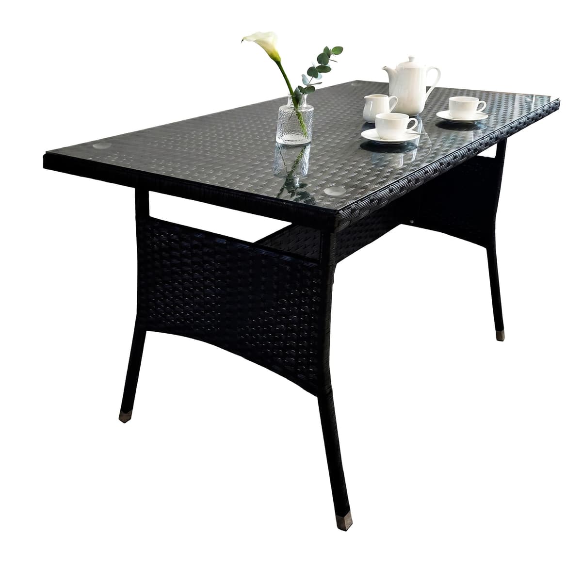 Relaxdays Mesa de jardín de polirattan con sobre de Vidrio, Resistente a la Intemperie, 70x100x60 cm, Negro