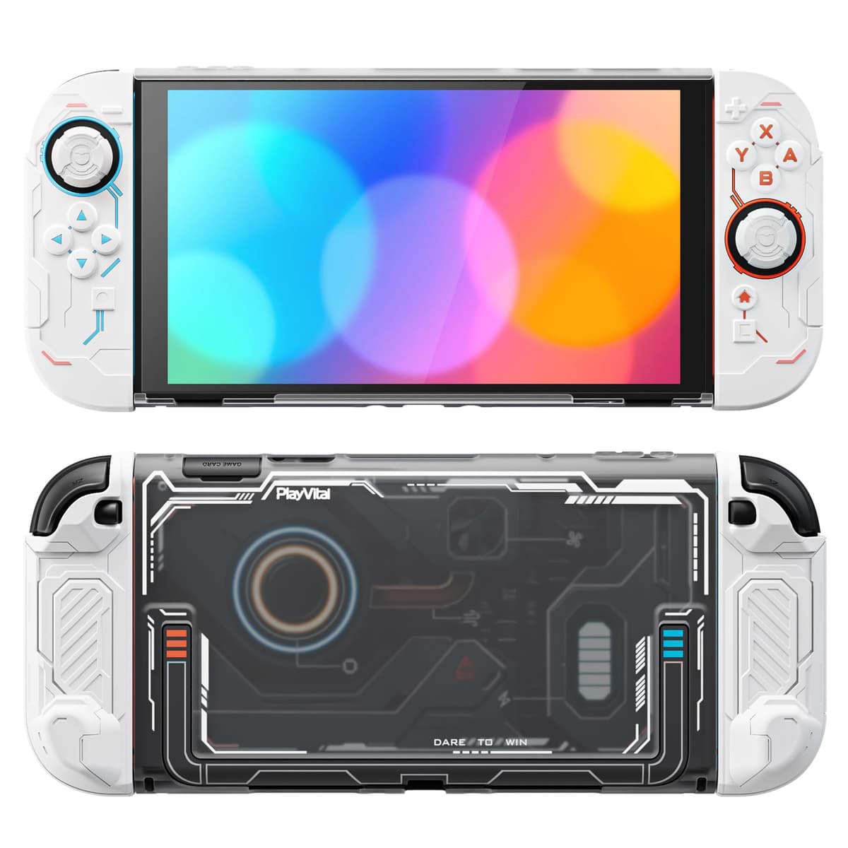 PlayVital Protective Case for Nintendo Switch 2, Stellar Mecha Ergonomic Anti-Slip Silicone Grip Cover, Dockable Hard Case Shell for Switch 2 with Joystick Cap & Sticker - White