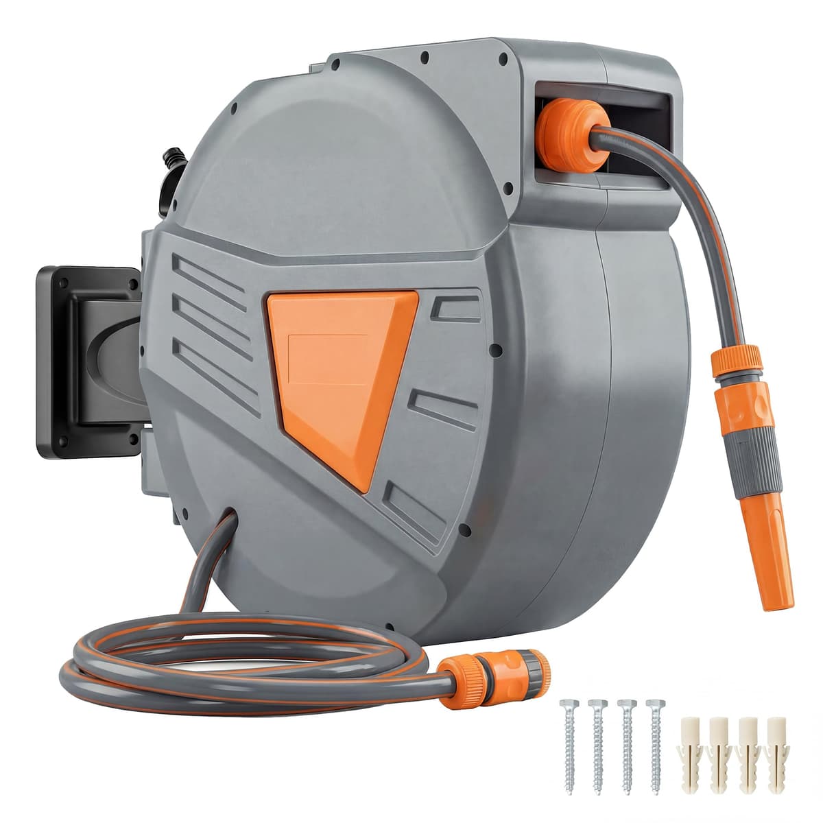 Outsunny Enrollador de Manguera para Jardín 20+1,6 m con Boquilla de 2 Modos, Carrete de Manguera de Jardín de Pared con Bloqueo Automático y Retracción Controlada, Soporte Orientable 180°, Naranja