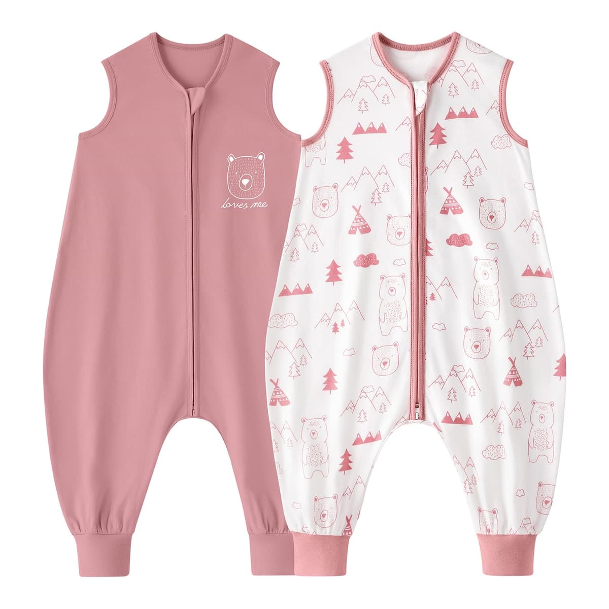 Looxii Pack de 2 Saco de Dormir bebé con Pies 0.5 TOG Algodón sacos de dormir de verano para 3-4 año Niños Niñas 90 cm Oso Rosa