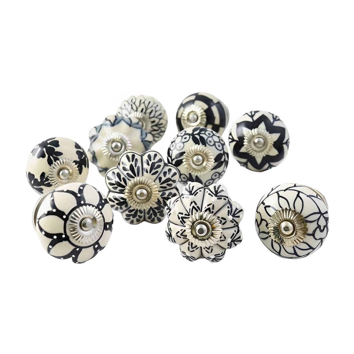 Ajuny Juego de 20 Pomos de Cerámica Vintage Blanco y Negro, Pintados a Mano – Diseños Calabaza y Redondo – Tiradores Decorativos para Armarios, Cajones y Puertas de Cocina y Baño