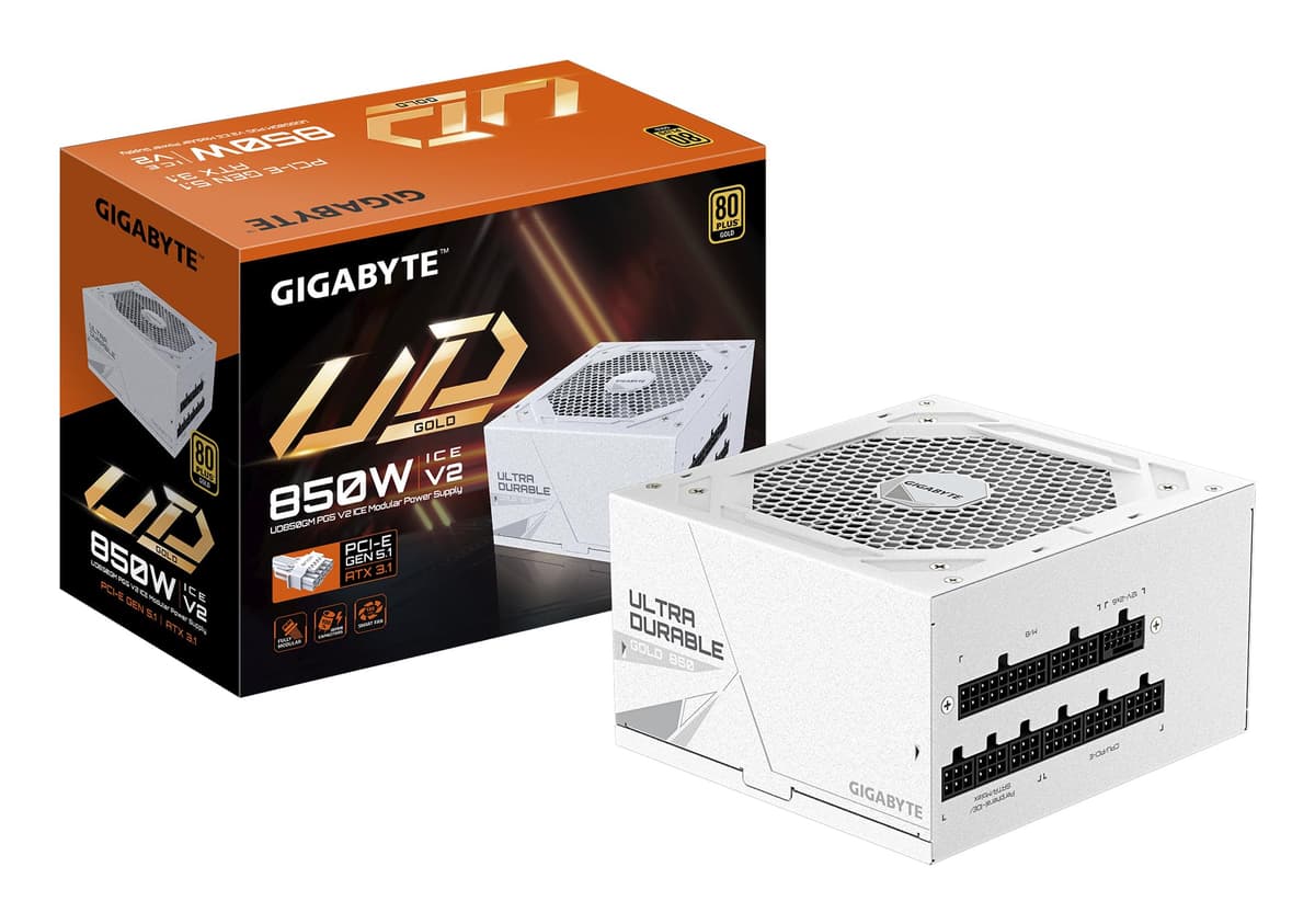 Gigabyte UD850GM PG5 ICE 80 Plus Gold Fully Modular 850w PCIe 5.0 White Power Supply Unit, ATX 3.1, 12VHPWR GPU Connector, Flat Cables, 10 Year Warranty