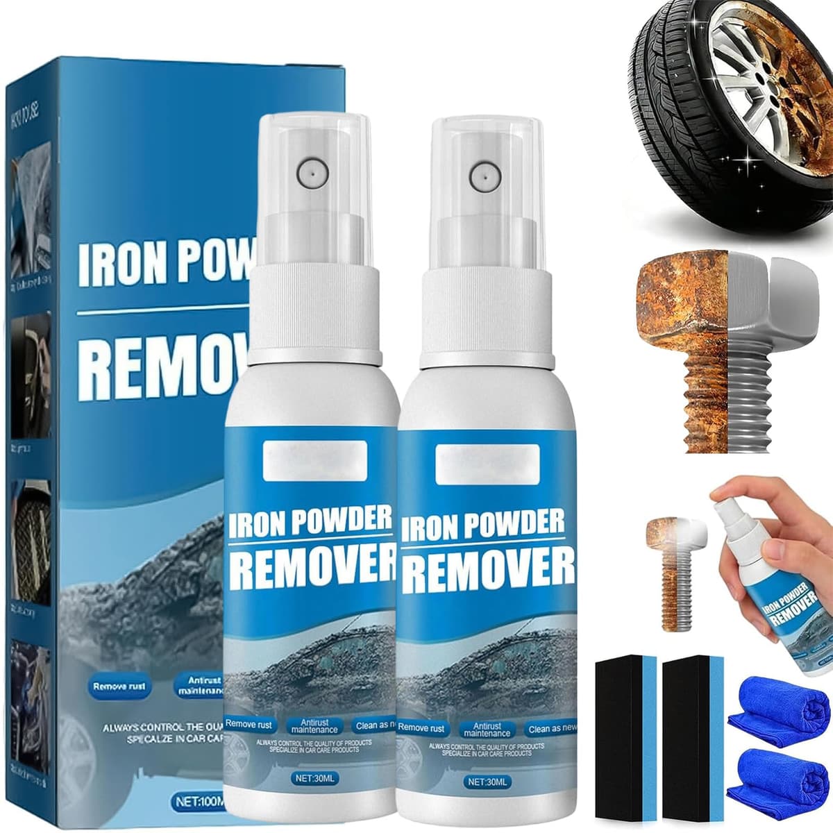 Multi-Functional Quick-Acting Rust Removal Spray, Portable Rust Remover Spray for Metal, Iron Powder Remover Sprays, Fast-Acting Formula & Easy Application, for Cars Metal Surfaces (30mi*2pcs)