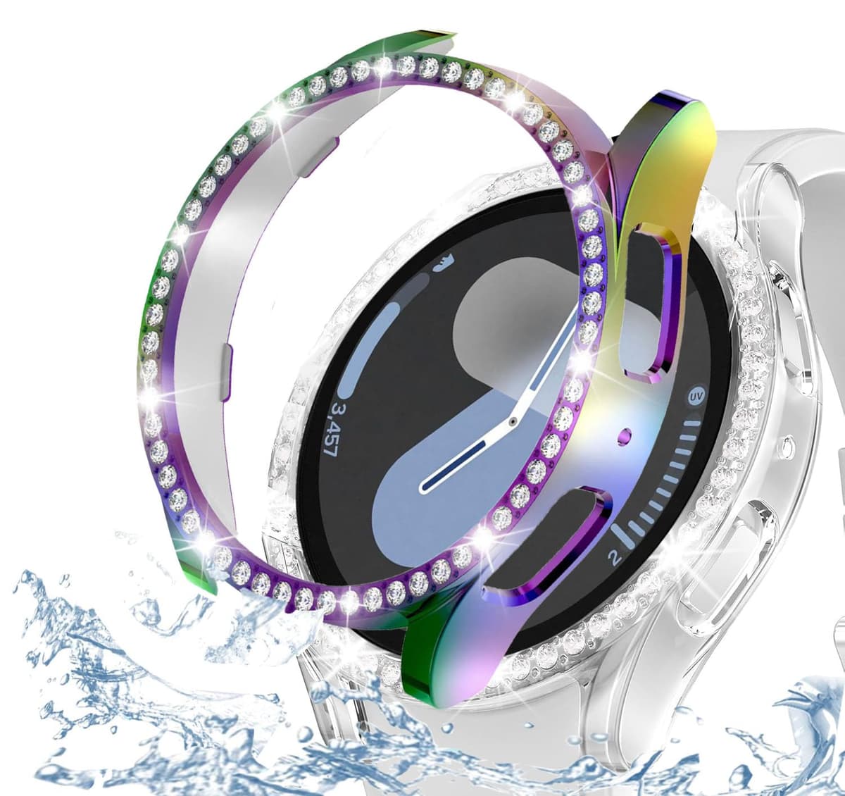 DEALELE [2-PACK] Case Compatible with Samsung Galaxy Watch 7 40mm, Bling Single-Row Diamond PC Protective Case Replacement Watch Cover Bumper (40mm, Rainbow+Transparent)