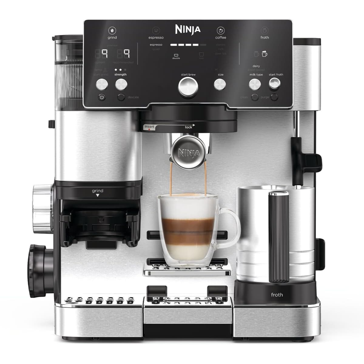 Ninja Luxe Essential Cafetera 2 en 1 para latte, cappuccino y espresso con molinillo y espumador de leche integrados, fácil de usar y 2 preajustes automáticos de espuma, plata, ES501EU