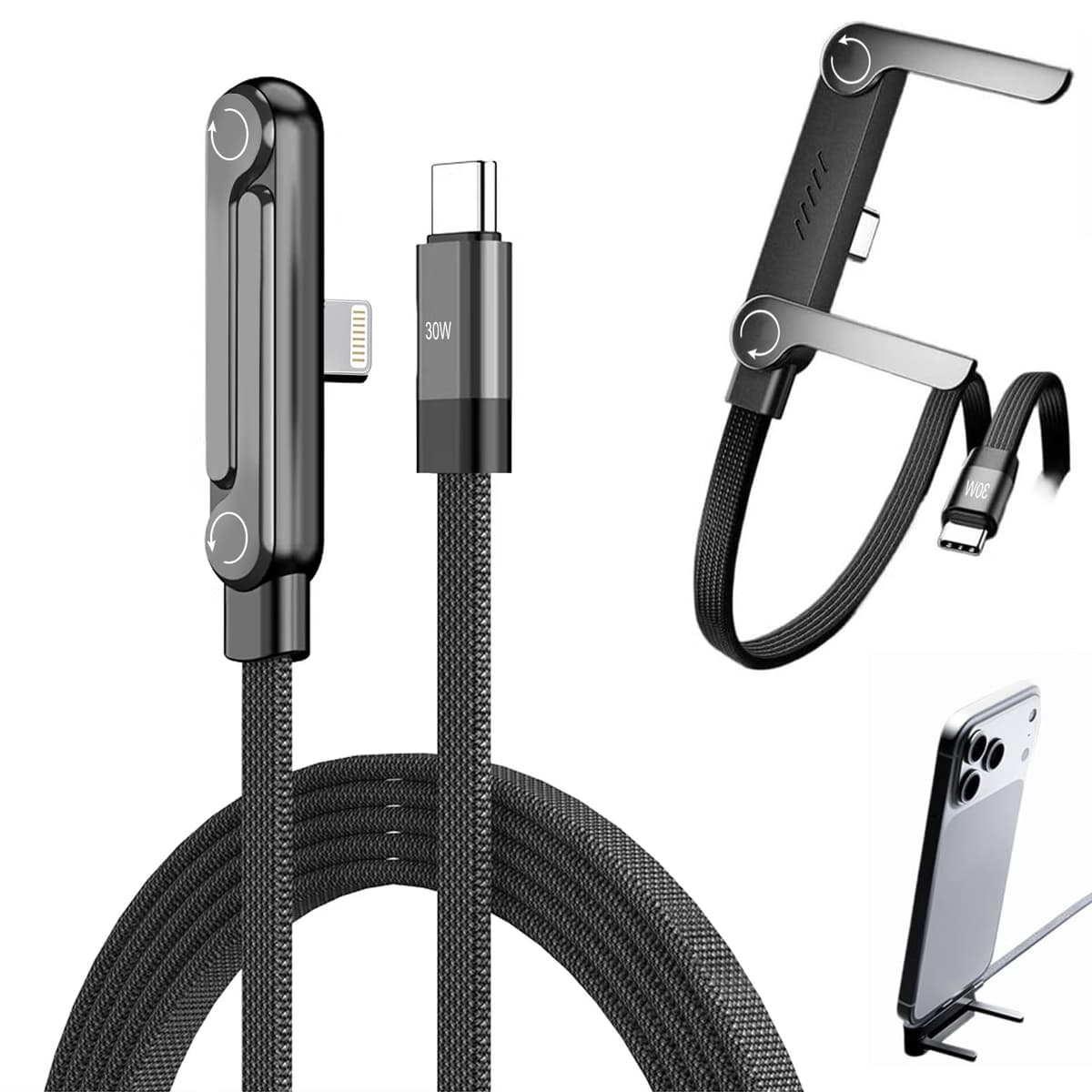 1.5M Cable PD to lightning connector de 30W con Soporte Plegable para Móvil, Diseño Trenzado Reforzado, para el hogar, oficina y uso de viaje compatible con iPhone 14 y vieja