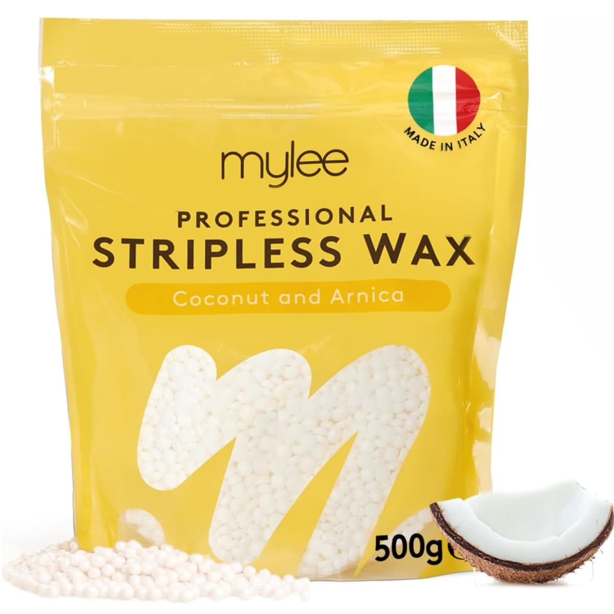 Mylee Professional Hard Wax Beads - 500g Premium Italian Stripless Wax for Women & Men – At-Home Hair Removal for Full Body, Face, Bikini Line & Brazilian Wax (Coconut & Arnica)