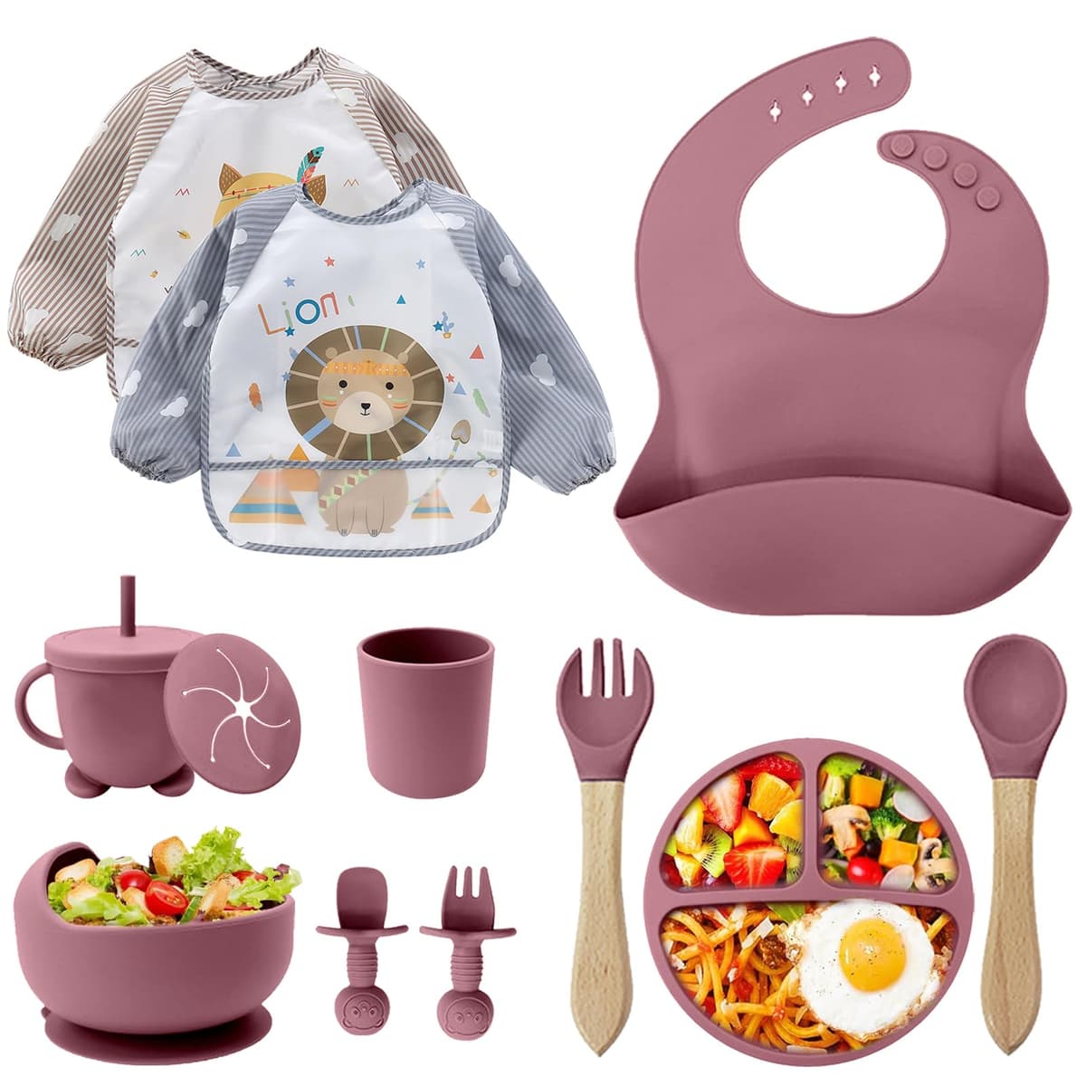 Juegos de Vajilla Bebe,Juego de 12 Piezas Platos Bebe con Ventosa, Cubiertos Bebe,Baby Led Weaning,Cubiertos Infantiles,Cuchara Bebe,Babero Silicona Bebe,Plato de Silicón Antideslizante Sin BPA