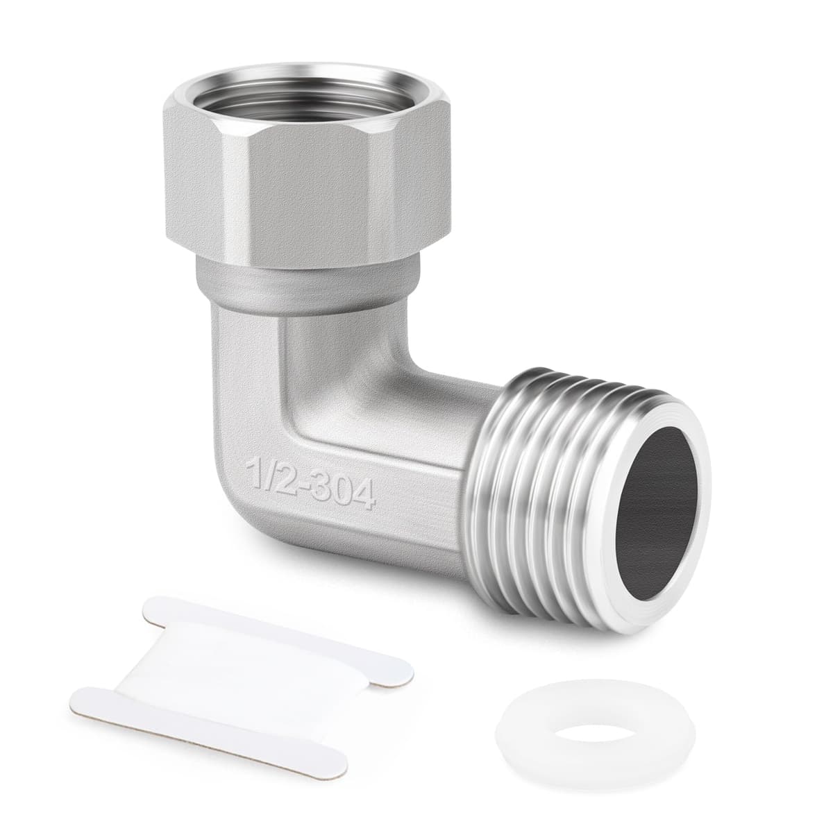 1 pieza de acero inoxidable 304, codo de 90 grados, 2 extremos, conector flexible móvil, 1/2" hembra y macho para pulverizador, válvula angular, brazo de ducha