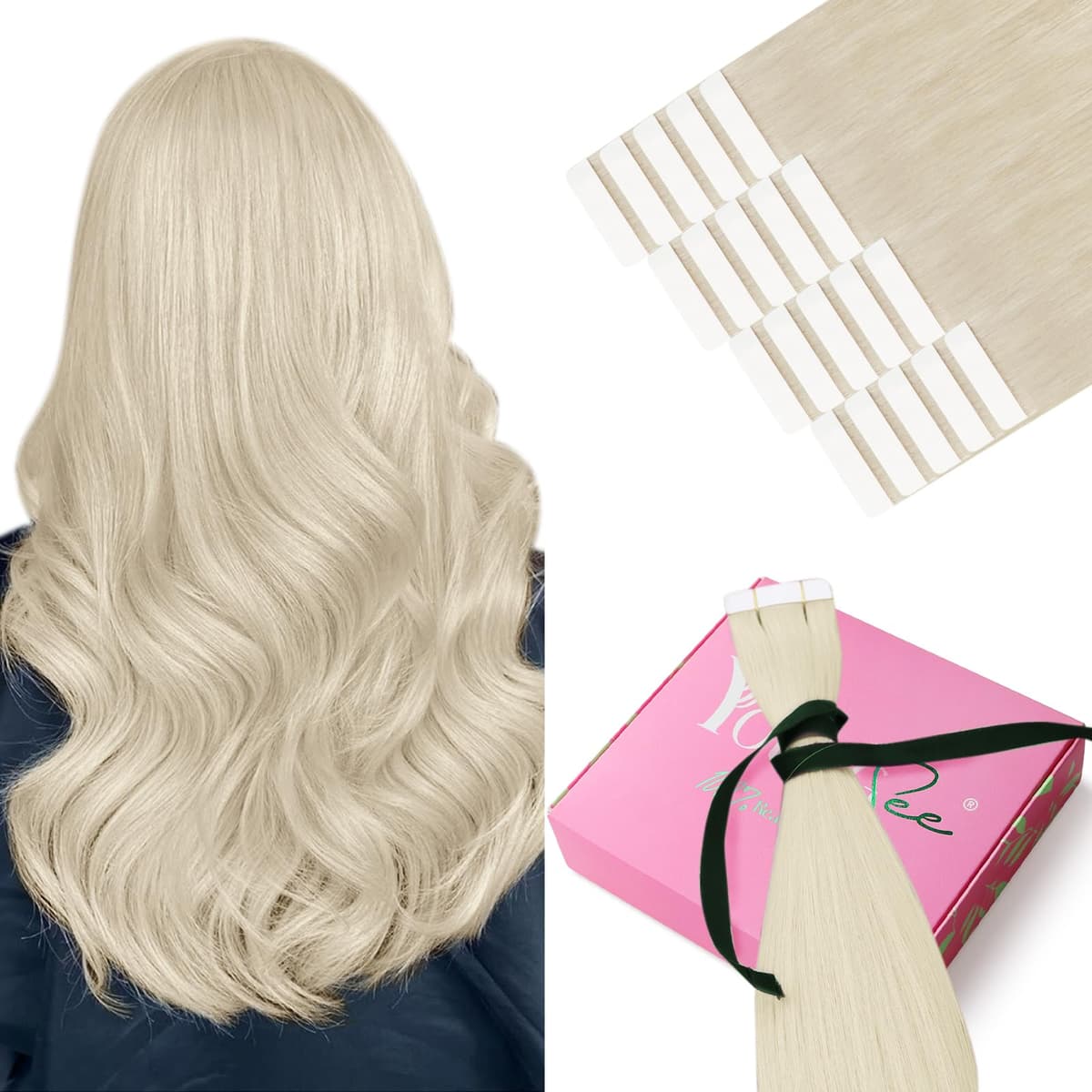 YoungSee Tape Hair Extensions Platinum Blonde 16In Tape in Hair Extensions Real Human Hair for Women 20pcs 50g Easy to Wear Hair Tape-in Extensions Blonde