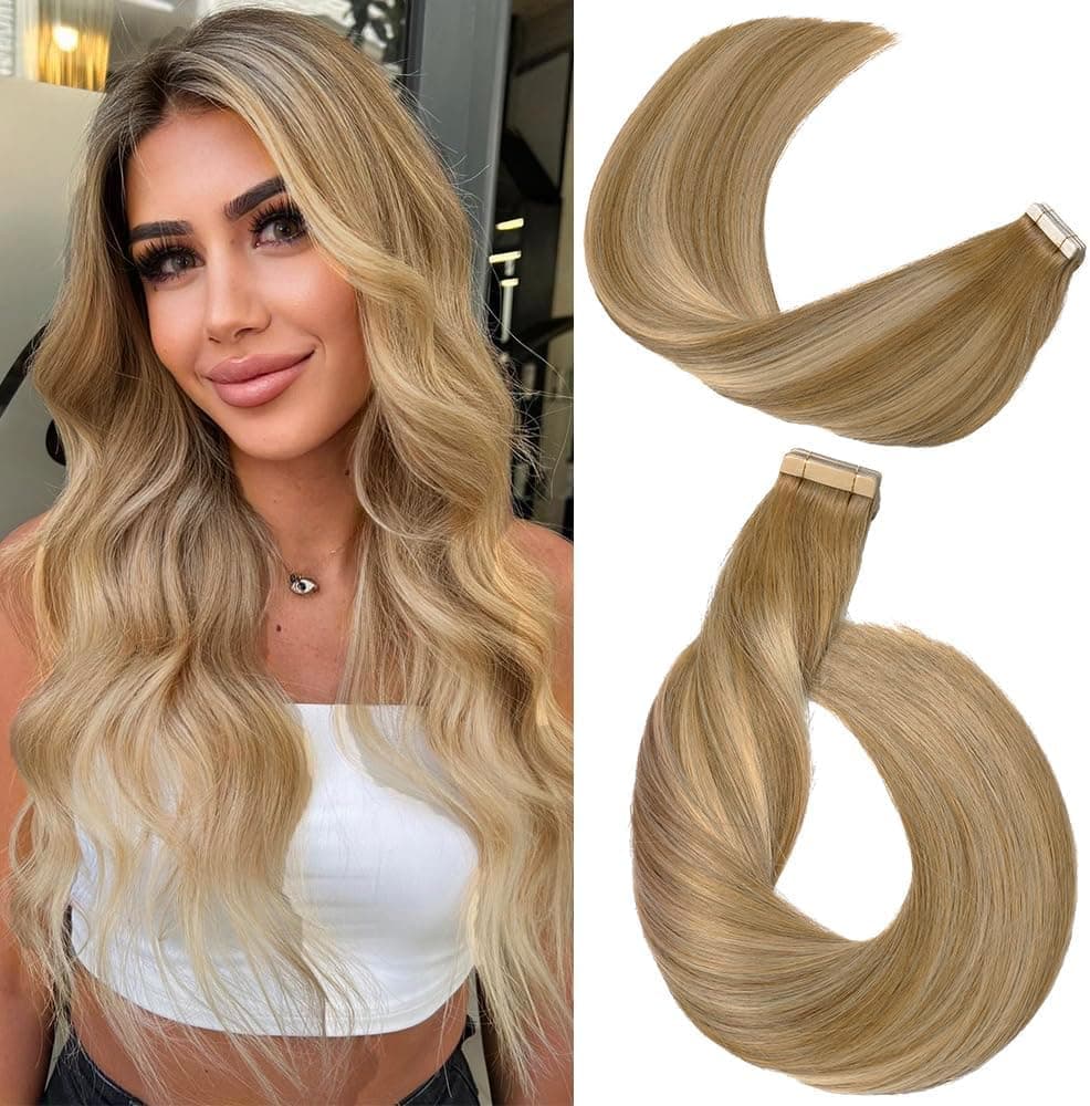 YDDM Extensiones de pelo humano con cinta adhesiva, 20 unidades, 60 cm, 50 g, color marrón claro con rubio dorado