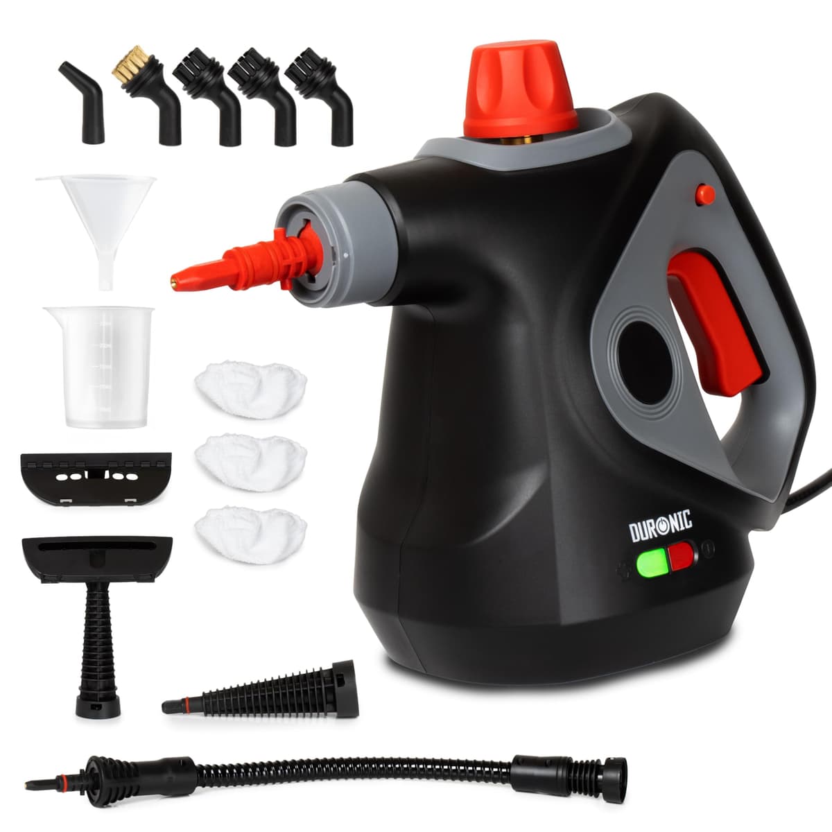 Duronic SC32 BK Limpiador de Vapor de Mano 1050W - Limpiador Vapor Portátil Multifunción Depósito 350 ml para Sofá Tejidos Juntas Ducha Horno Fregadero Ventanas Espejos Limpieza sin Químicos