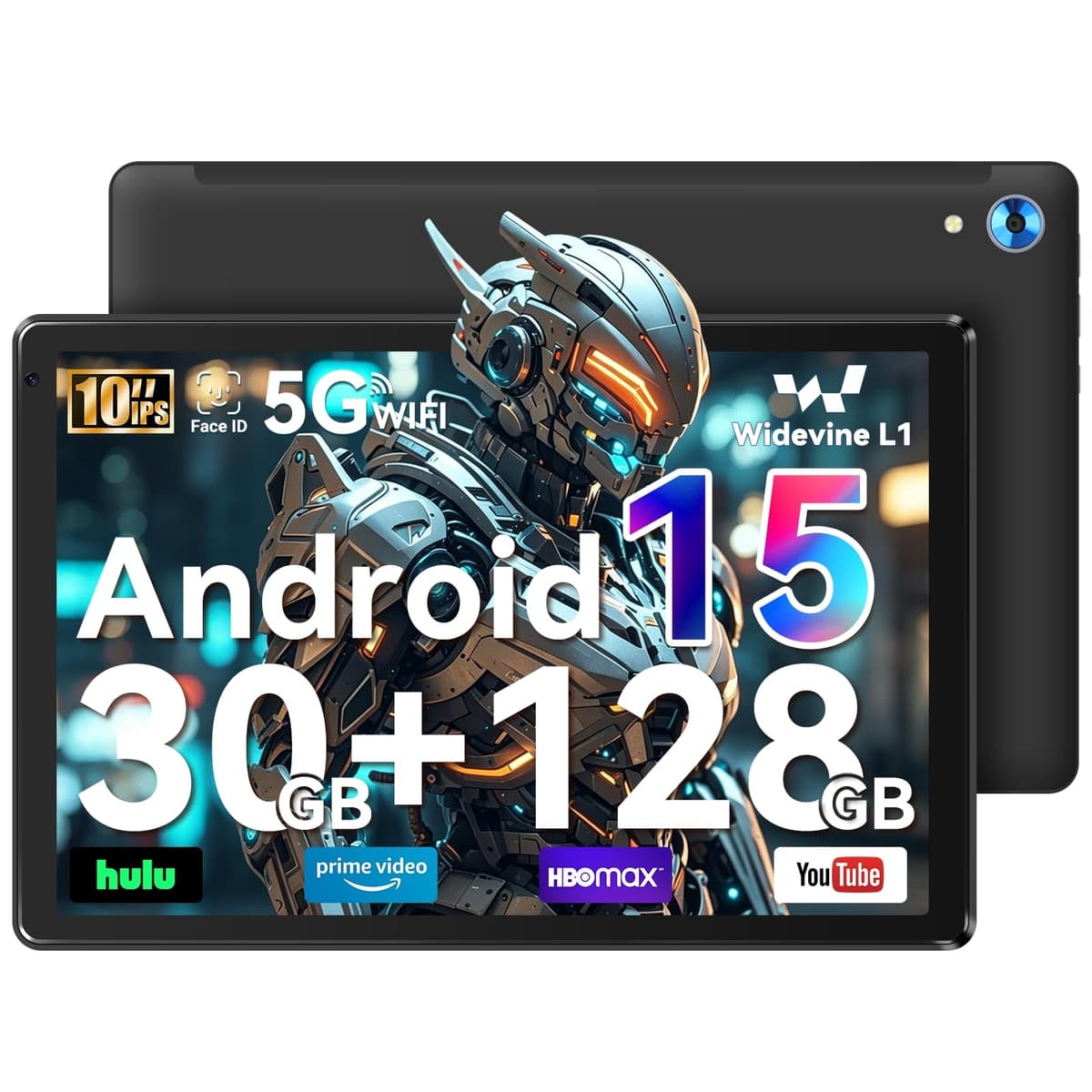Whitedeer 10 inch Android 15 Tablet, Android Tablet with 30GB+128GB+1TB, Face ID, 5MP 8MP Camera, Split Screen, 1280x800 IPS Display, 5000mAh Battery, WiFi 6 5G 2.4G, Bluetooth 5.3, Widevine L1, Black