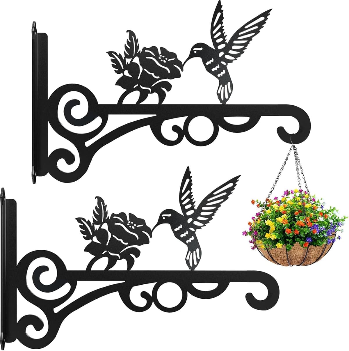 2 Packs Iron Plant Hanger,Hanging Basket Brackets Wall Hooks,Metal Hangers Outdoor, Heavy Duty Plant Hooks for Hanging Plants, Bird Feeder, Wind Chime, Lantern (Black 2 PCS)