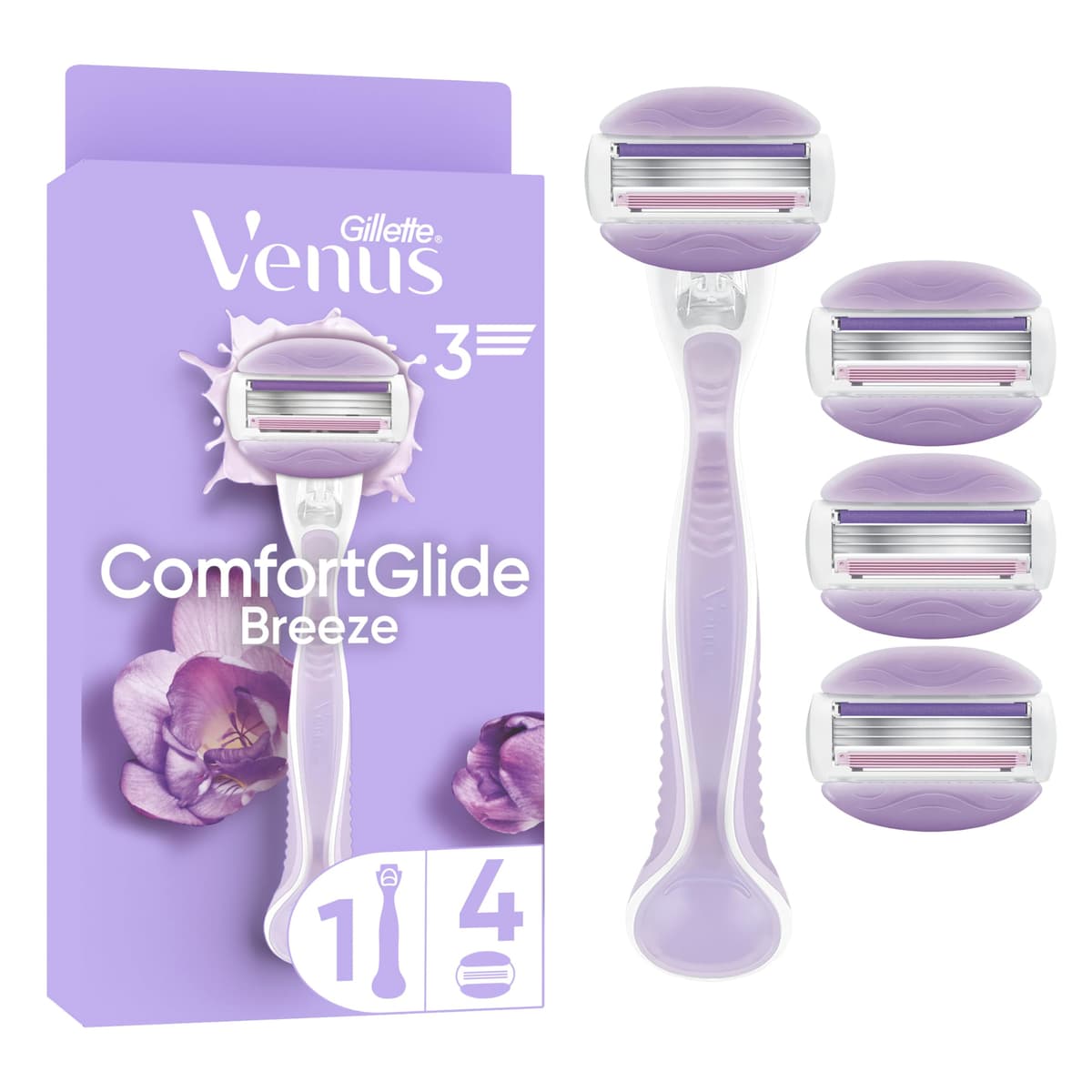 Gillette Venus Comfortglide Breeze Maquinilla de Afeitar Mujer con Recambios, 1 Mango + 4 Cuchillas de Afeitar con Barras de Gel Y Soporte para Ducha, Depilación Suave Y Duradera