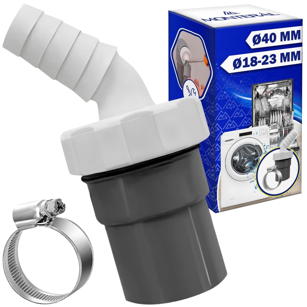 Adaptador Empalme Desague Lavadora con Salida para Tubo Ø40 mm y Entrada Ø18-23 mm - Adaptador Desagüe para Lavavajillas Incluye 1 Pieza de Abrazadera Ø20-32 mm - Garantía de 10 Años - MONTERAL