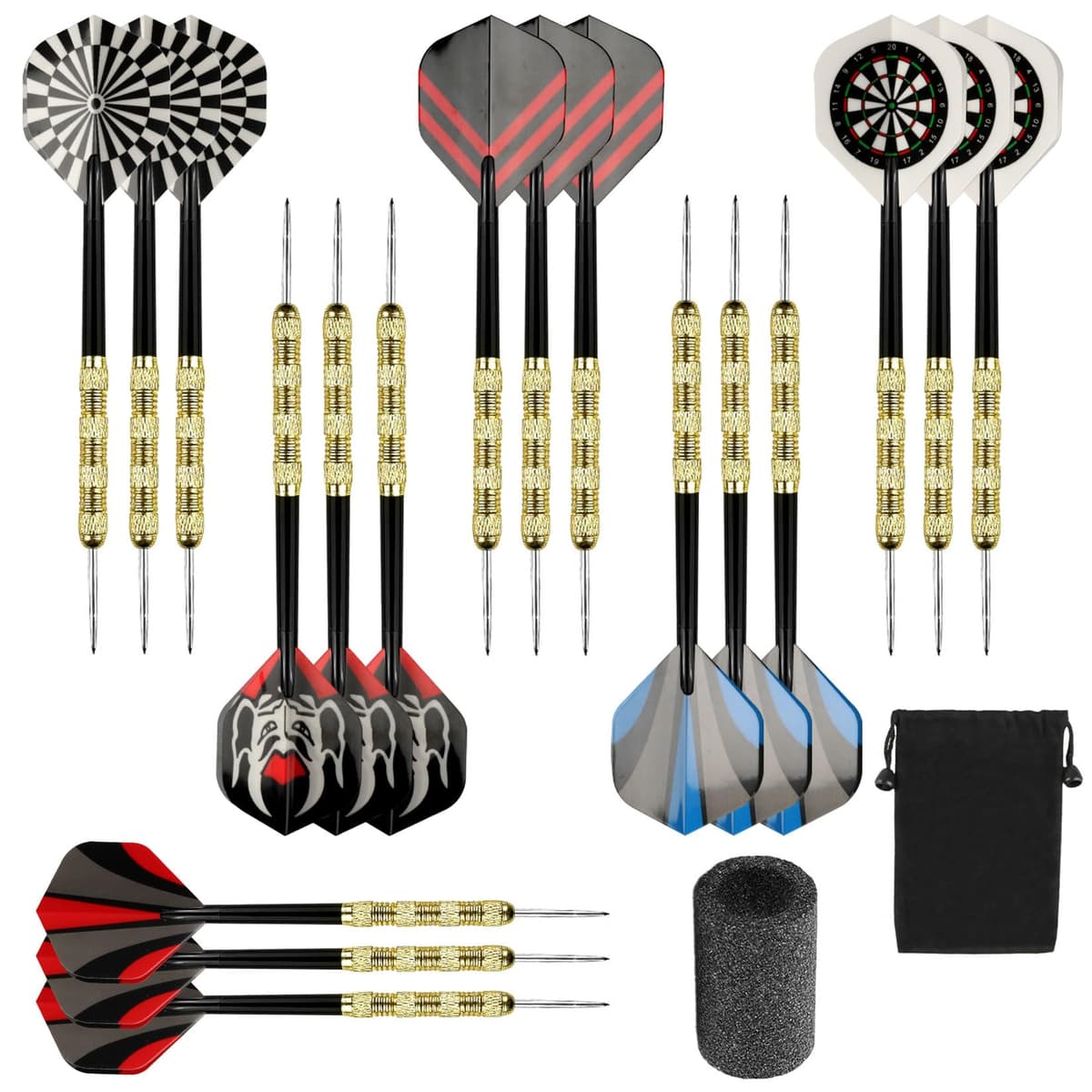 18 Piezas Dardos con Punta de Metal, Punta Acero Darts, Juego de Dardos con Caña y Plumas, para Principiantes y Aficionados, Incluye Piedra para afilar Dardos y Funda para Dardos