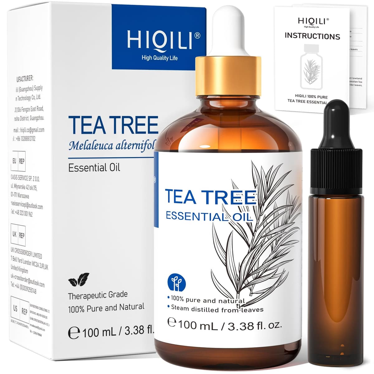 HIQILI Aceite Arbol Del Te 100ml, 100% Natural Puro, para Piel, Cabello, Uñas, Difusore, se Puede Añadir Champú, al gel de Ducha y a los Spray