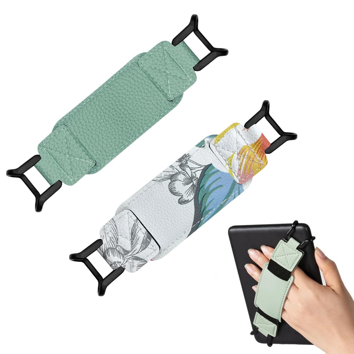 2 PCS Kindle Hand Strap, Kindle Grip, Secure Device Holder for Reading and Gaming, Universal Hand Strap with Patterned and Green Styles ﻿