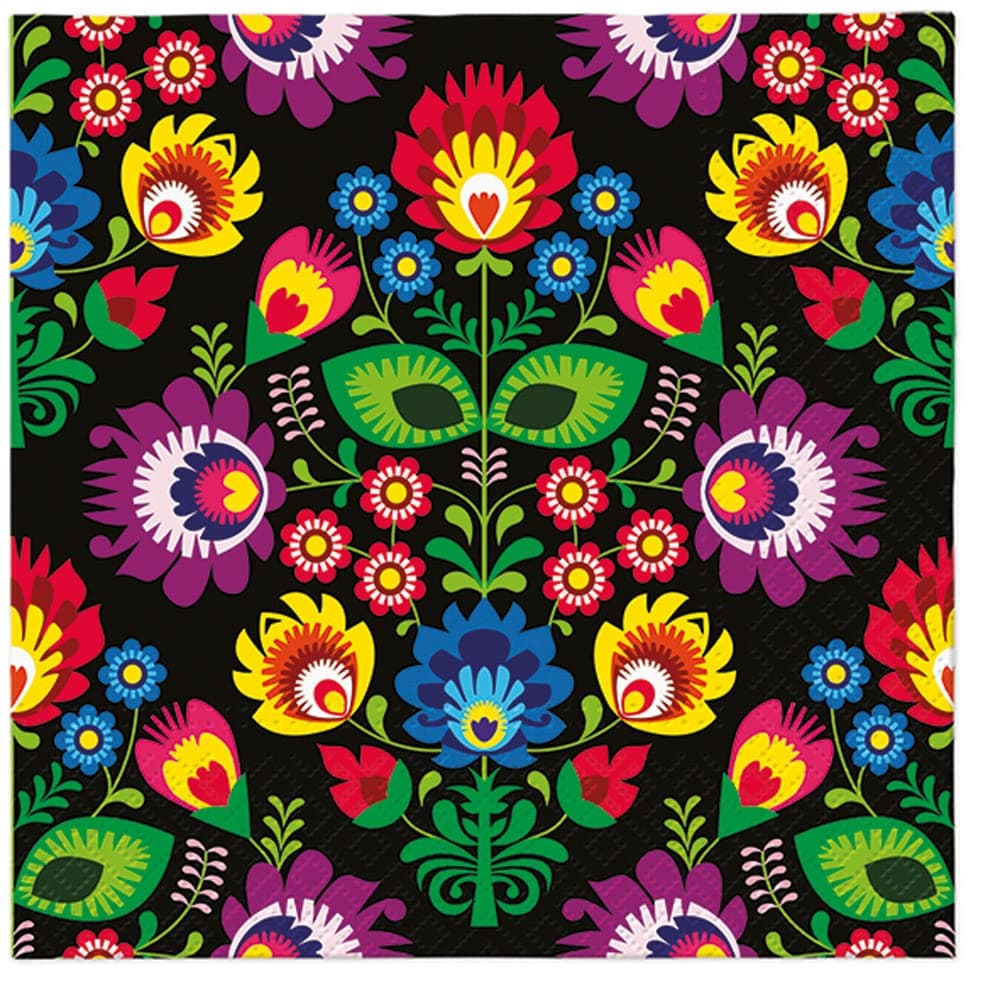 Tete a Tete 3Ply Pastel Flowery Tissue Paper Napkins Decoupage Serviettes 33cm x 33cm - Pack of 20 (Folky Style Black)