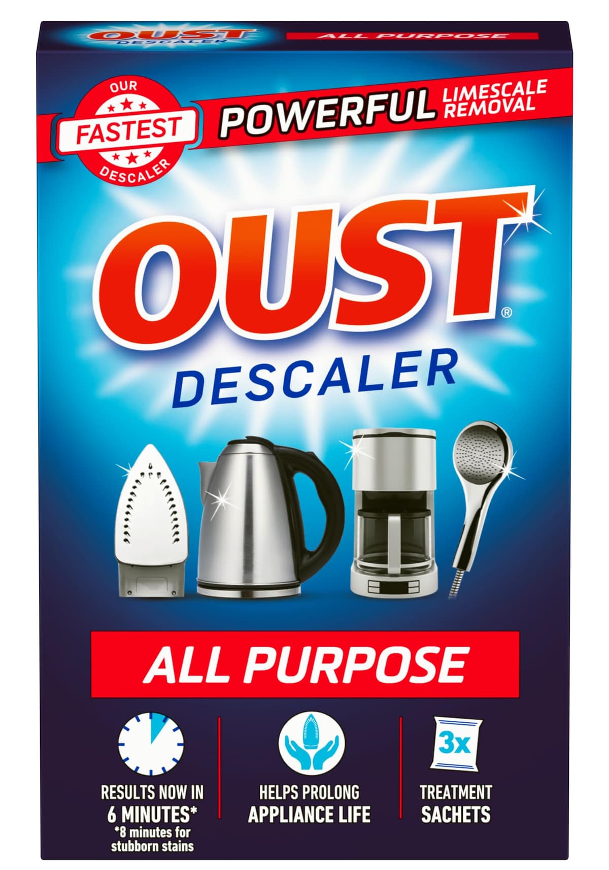Oust Powerful All Purpose Descaler, New Formula, Limescale Remover – Optimal for Kettles, Coffee Machines, Irons and Shower Heads, 3 pack, unscented