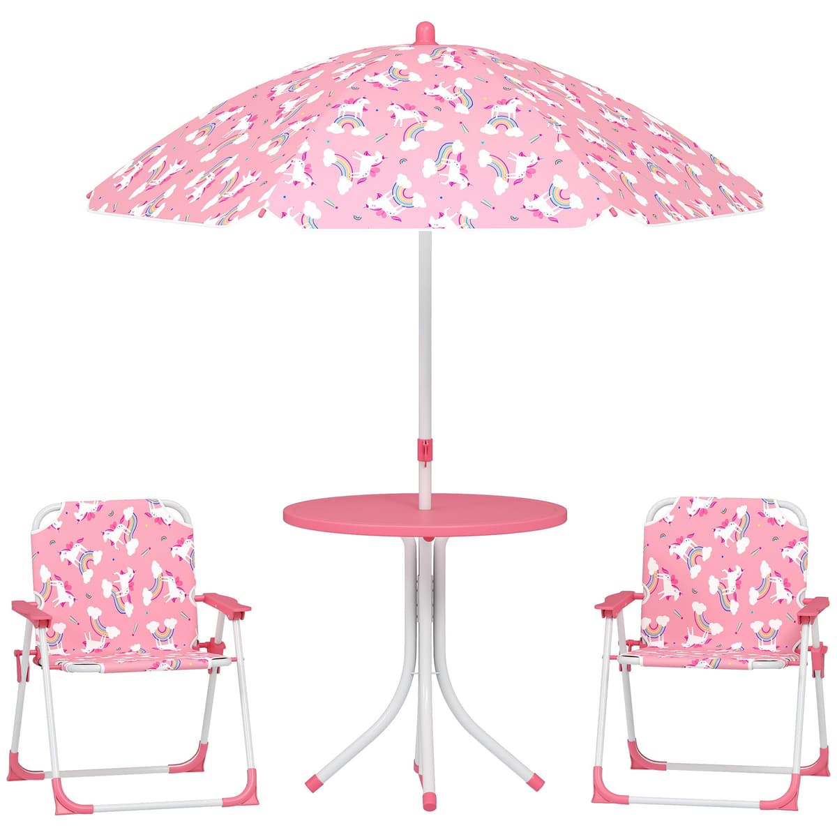 AIYAPLAY Conjunto de Mesa y Sillas Infantil de Jardín de 4 Piezas, Mesa Infantil con Sillas Plegables, Sombrilla Desmontable, Diseño de Unicornios y Arcoíris, para Patio, Pícnic, Rosa