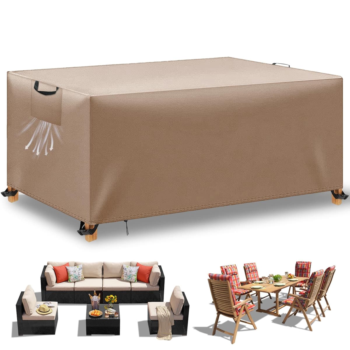 Funda para Muebles de Jardín Exterior, Funda Mesa Exterior Impermeable, Tela Oxford 420D, Anti Viento, Anti UV Funda Protectora Mesa Exterior con Salidas de Aire,Caqui,220x100x75 cm