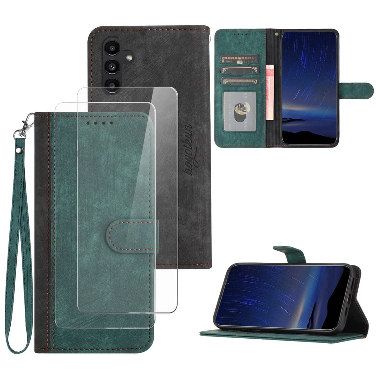 Funda Compatible con Samsung Galaxy A14 5G,Regalar 2 Piezas Protector de Pantalla.Flip Leather Edition,Funda de Cuero PU con Cáscara de TPU,[Soporte Plegable] [Cierre magnético]-Verde