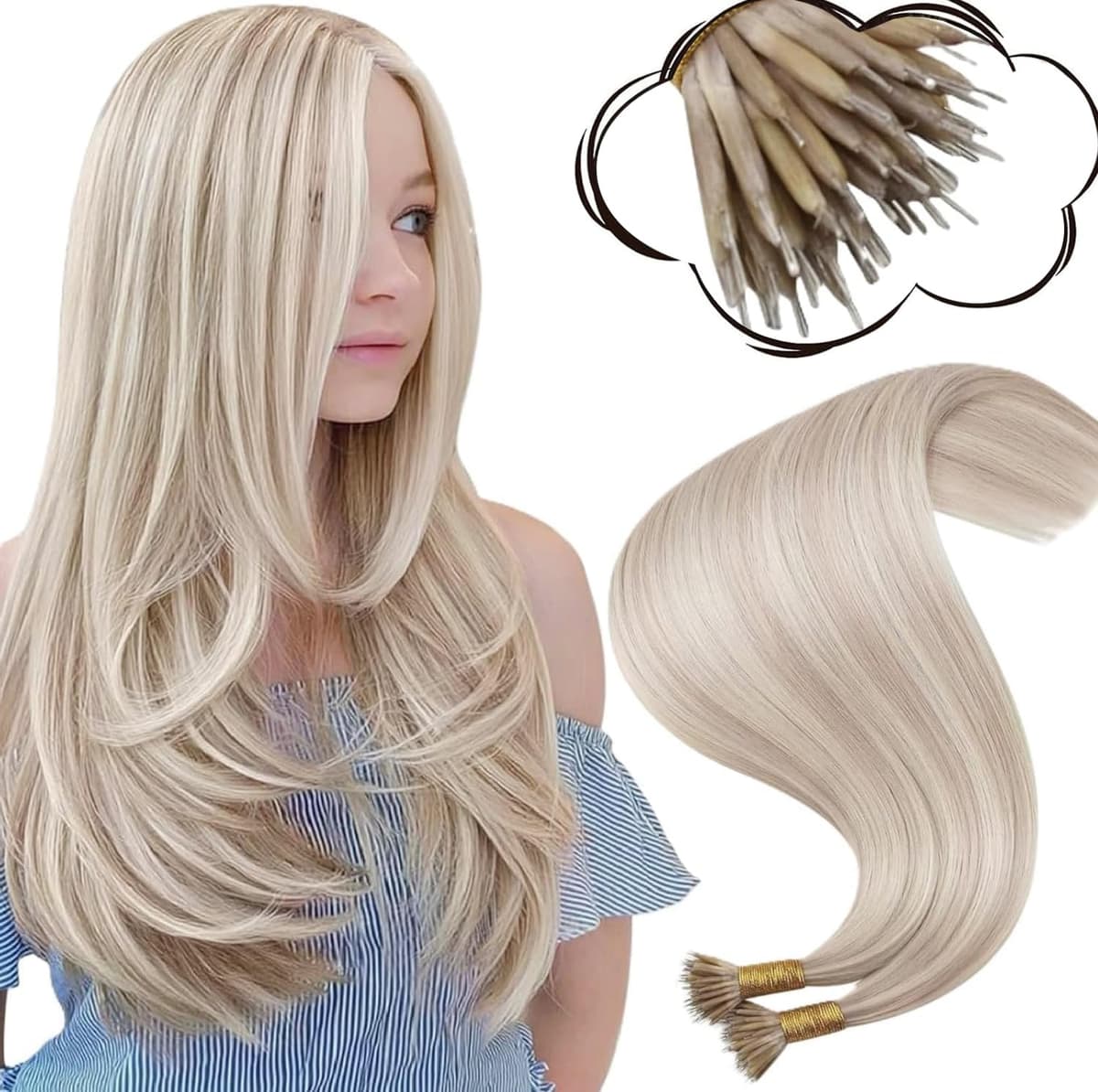 Moresoo Blonde Nano Hair Extensions Human Hair Ash Blonde with Platinum Blonde Nano Beads Human Hair Extensions 18 Inch Blonde Nano Ring Hair Extensions 1g/s 50g/Pack #P18/613