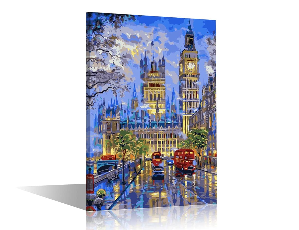 Abstract Painting Big Ben London Cityscape Picture Print on Canvas Wall Art Modern Artwork Wall Decor for Home Bedroom Office Decor with Frame 24"x 16"