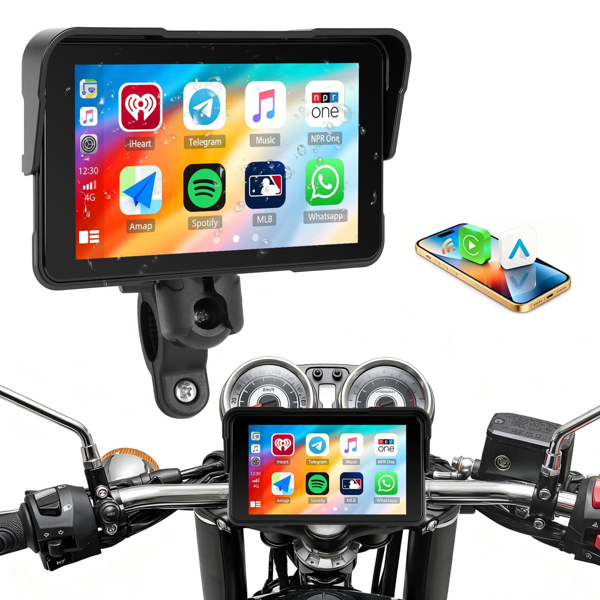 CAMECHO navegador Moto con Wireless CarPlay/Android Auto, Pantalla carplay Moto 5" HD IP68 Impermeable para Motocicletas con Car Play/Bluetooth/detección de presión